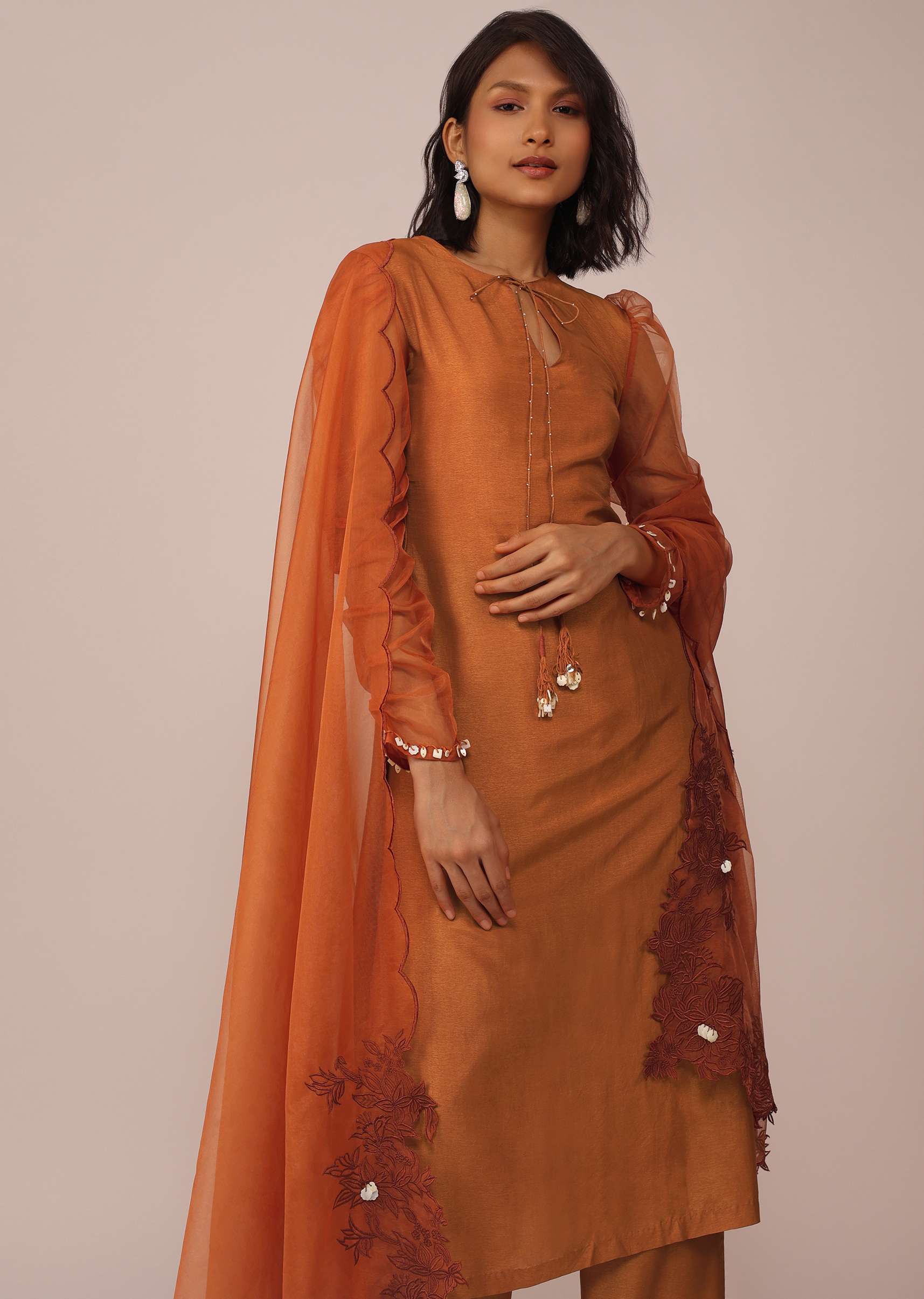 Orange Suit Set In Art Silk With Tassles On The Sleeves And Dupatta - Image 4