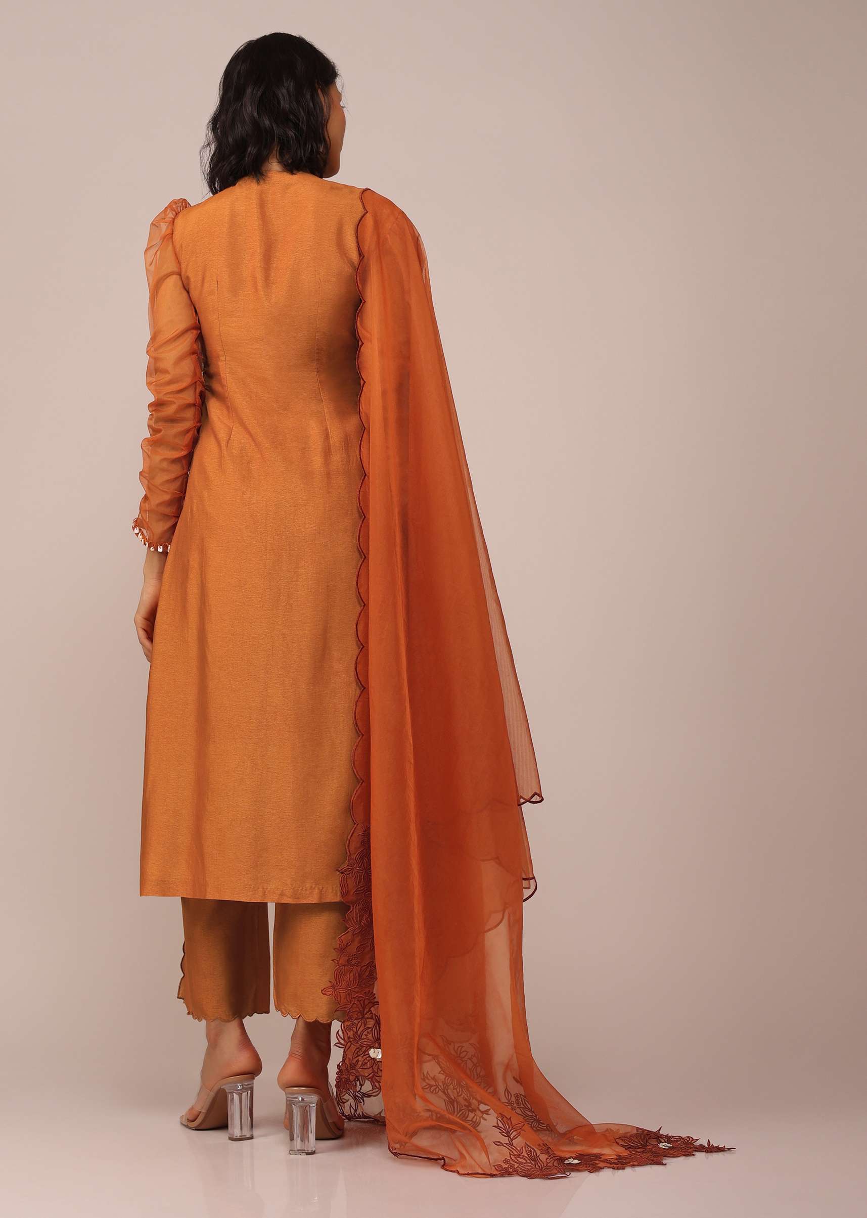 Orange Suit Set In Art Silk With Tassles On The Sleeves And Dupatta - Image 5
