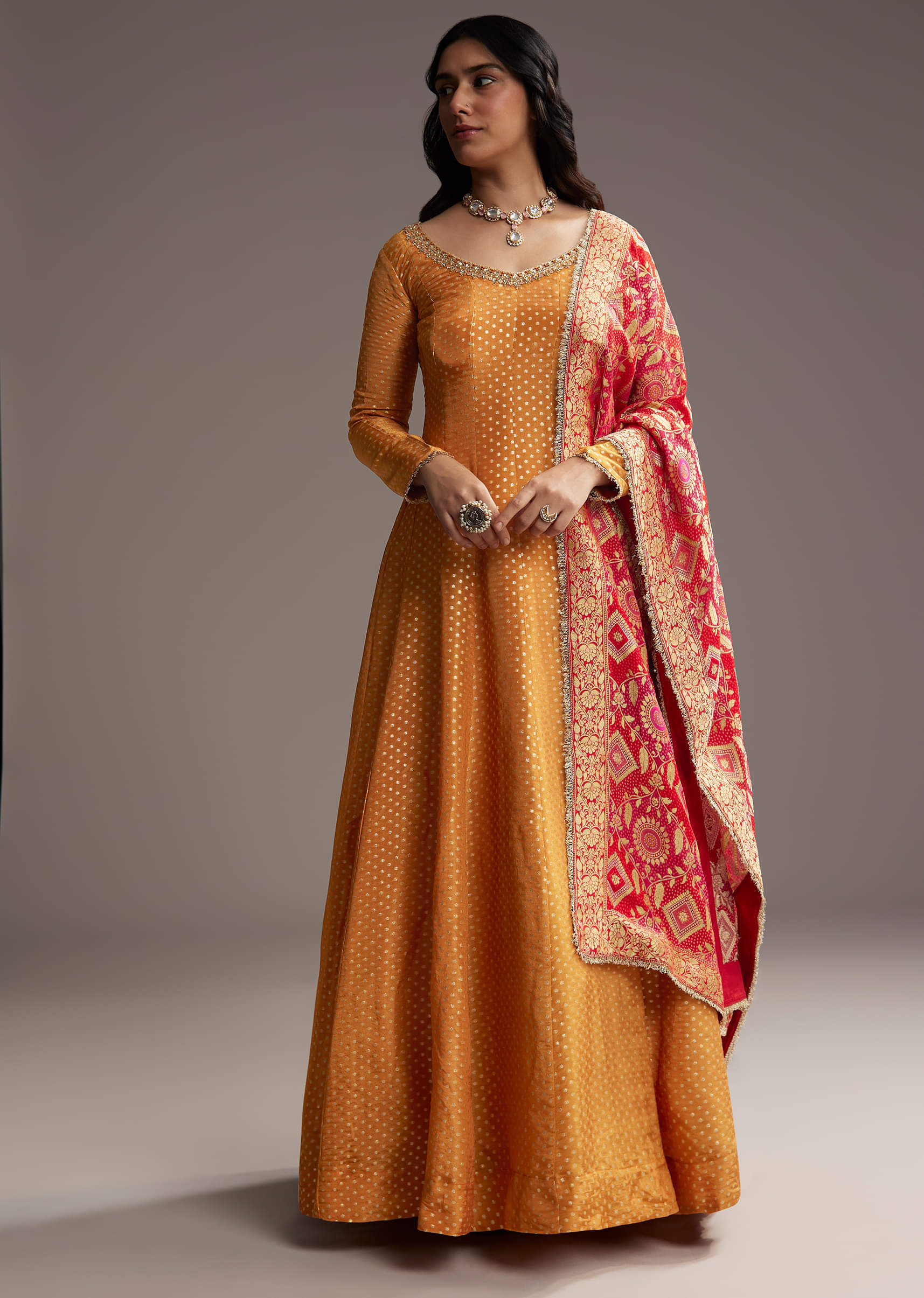 Orange Tissue Anarkali Suit With Butti Work And Printed Silk Dupatta - Image 3