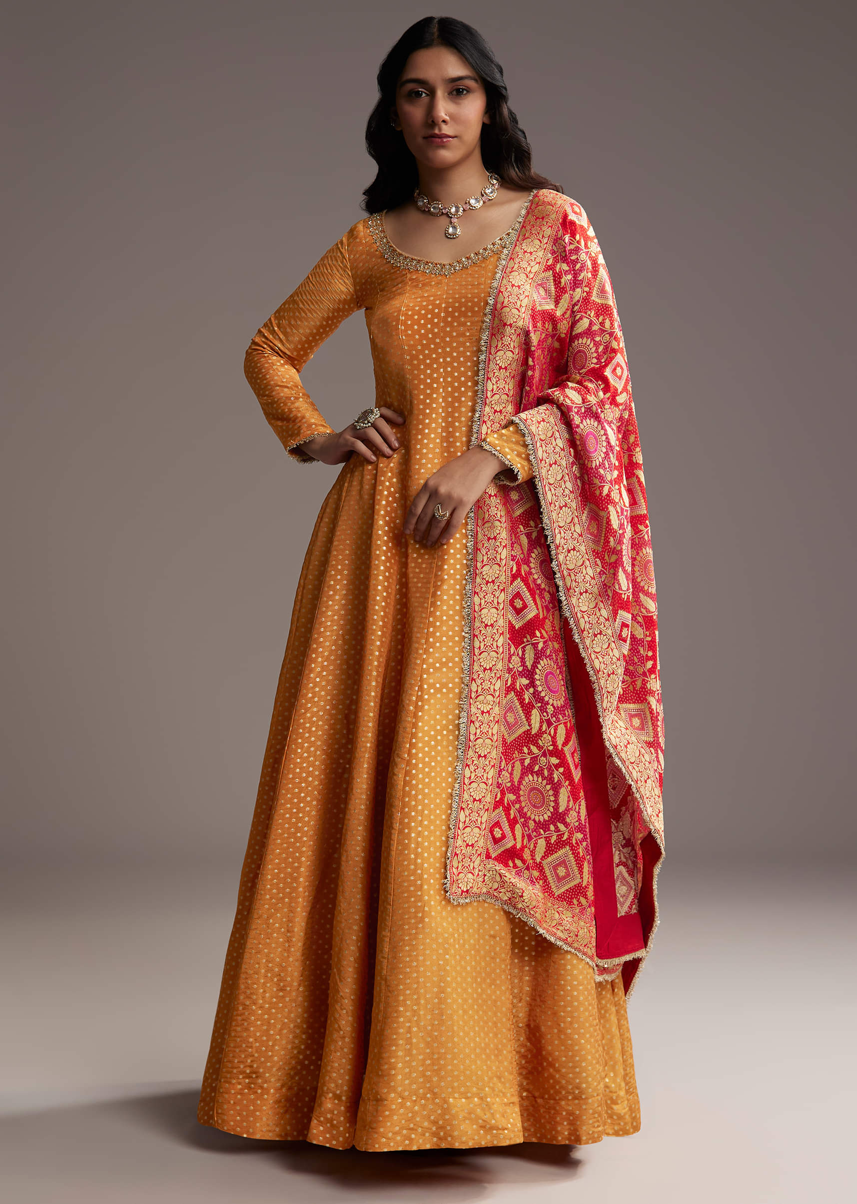 Orange Tissue Anarkali Suit With Butti Work And Printed Silk Dupatta - Image 6