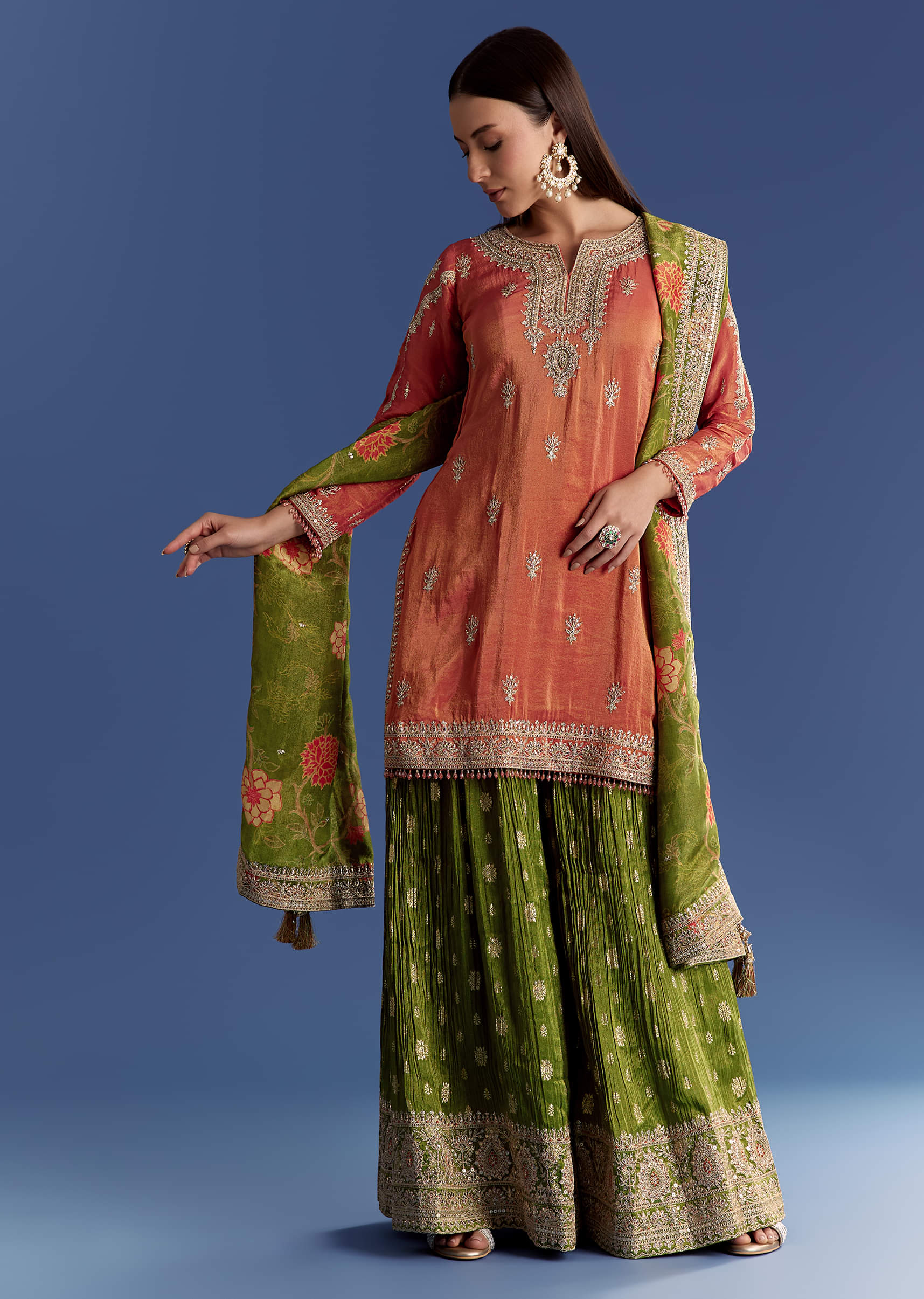 Orange Tissue Kurta Set With Zari Palazzo And Floral Dupatta - Image 2