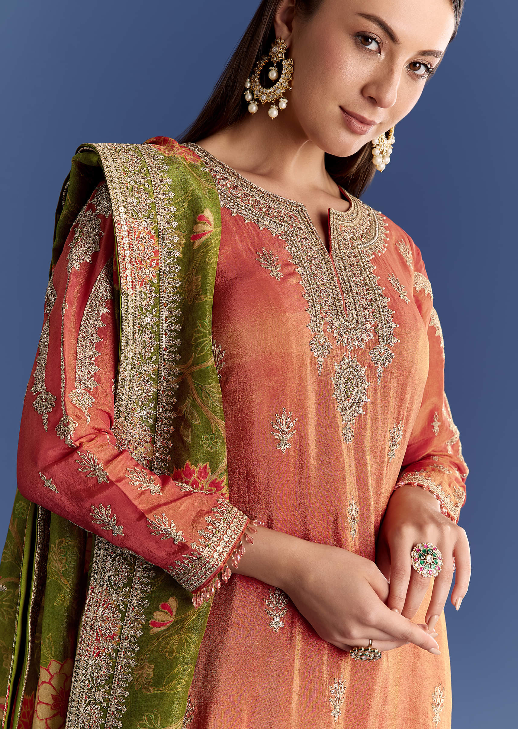 Orange Tissue Kurta Set With Zari Palazzo And Floral Dupatta - Image 3