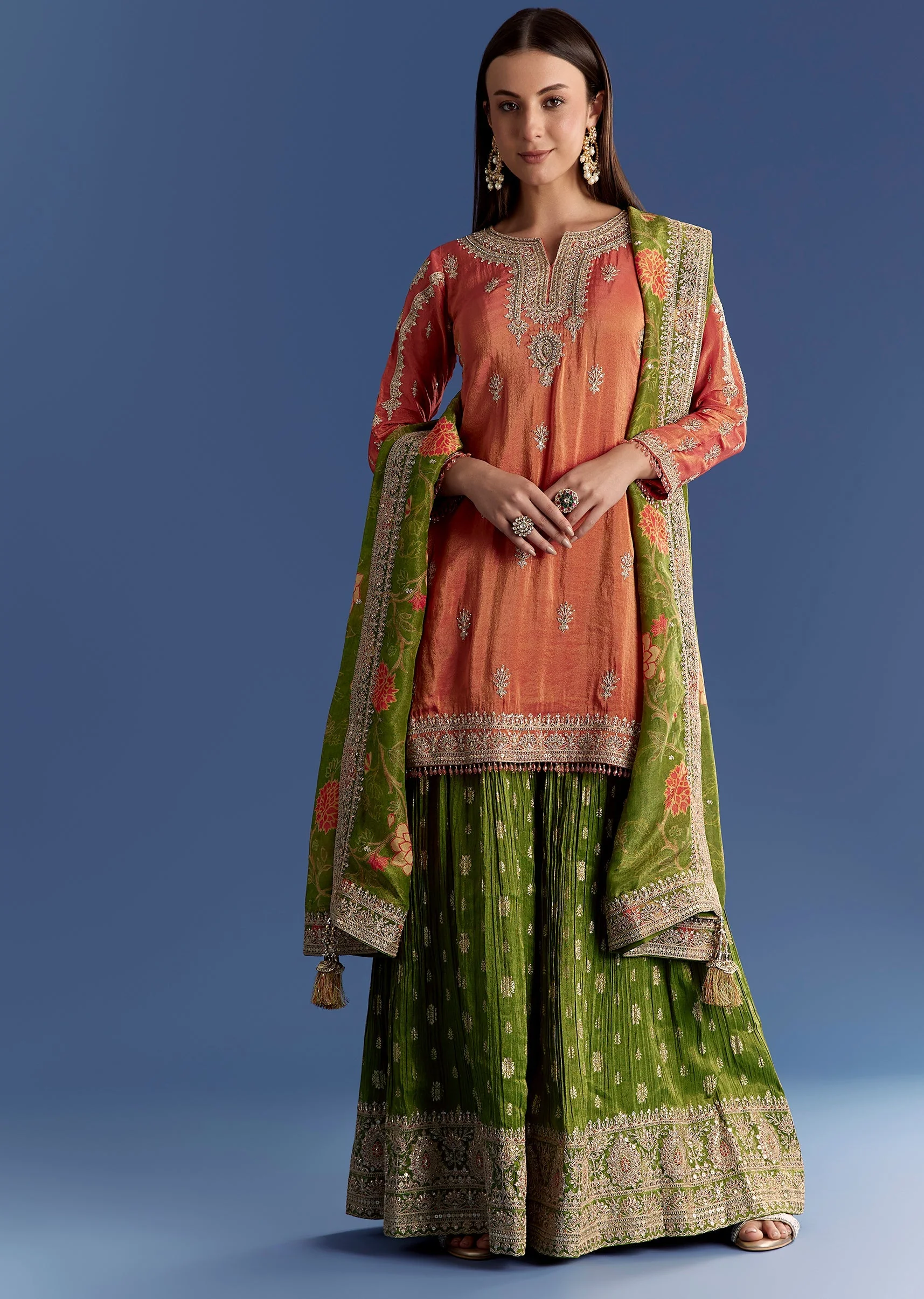 Orange Tissue Kurta Set With Zari Palazzo And Floral Dupatta - Image 4