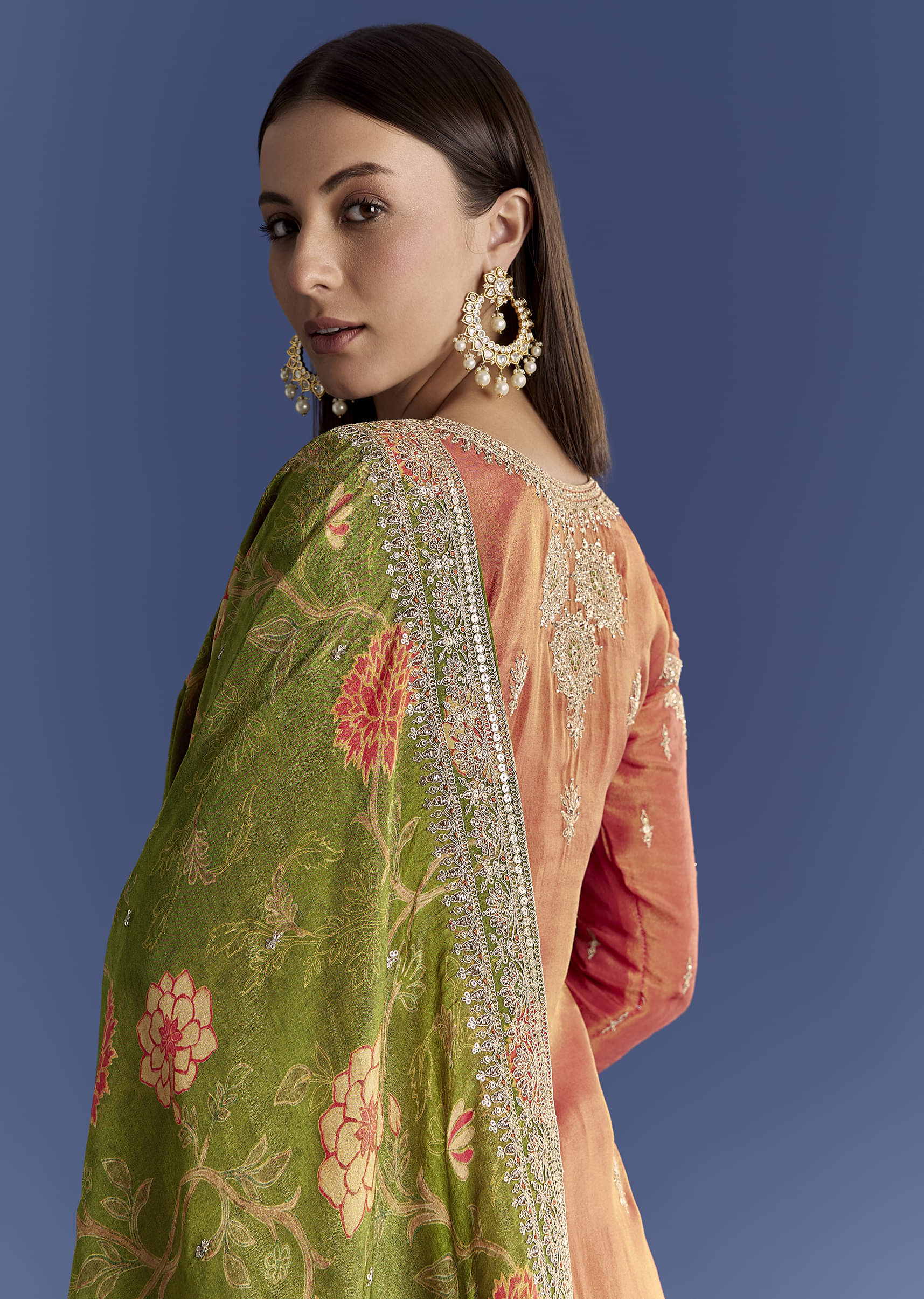 Orange Tissue Kurta Set With Zari Palazzo And Floral Dupatta - Image 5