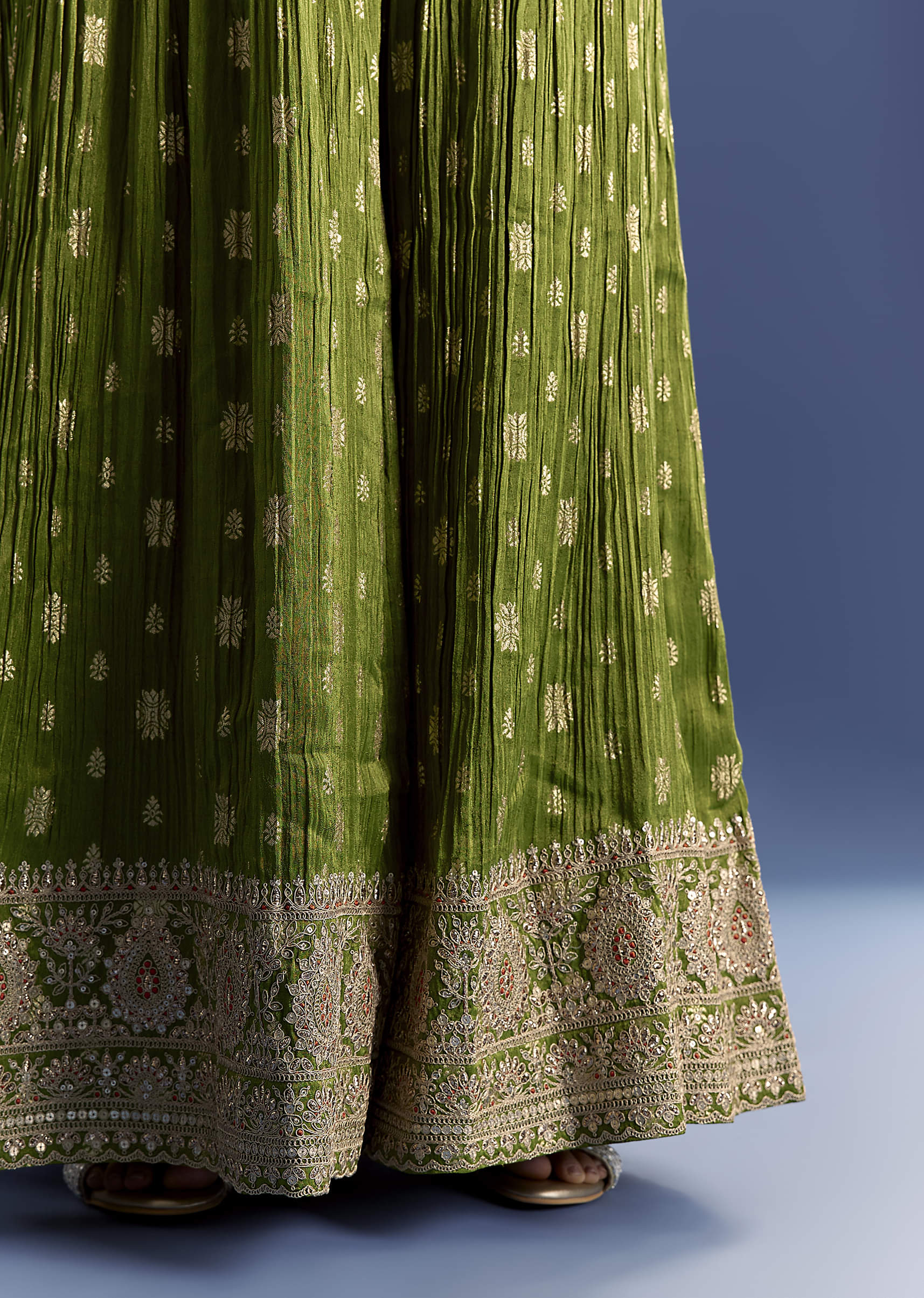 Orange Tissue Kurta Set With Zari Palazzo And Floral Dupatta - Image 6