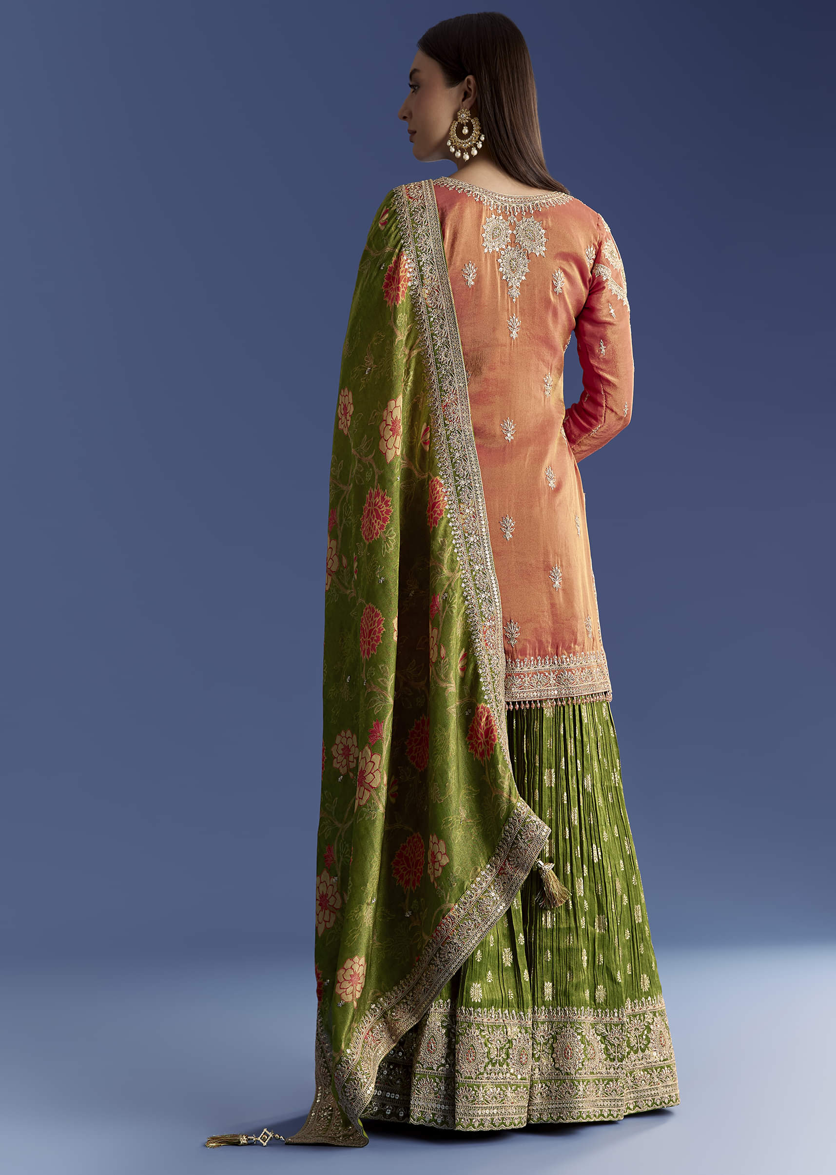 Orange Tissue Kurta Set With Zari Palazzo And Floral Dupatta - Image 7