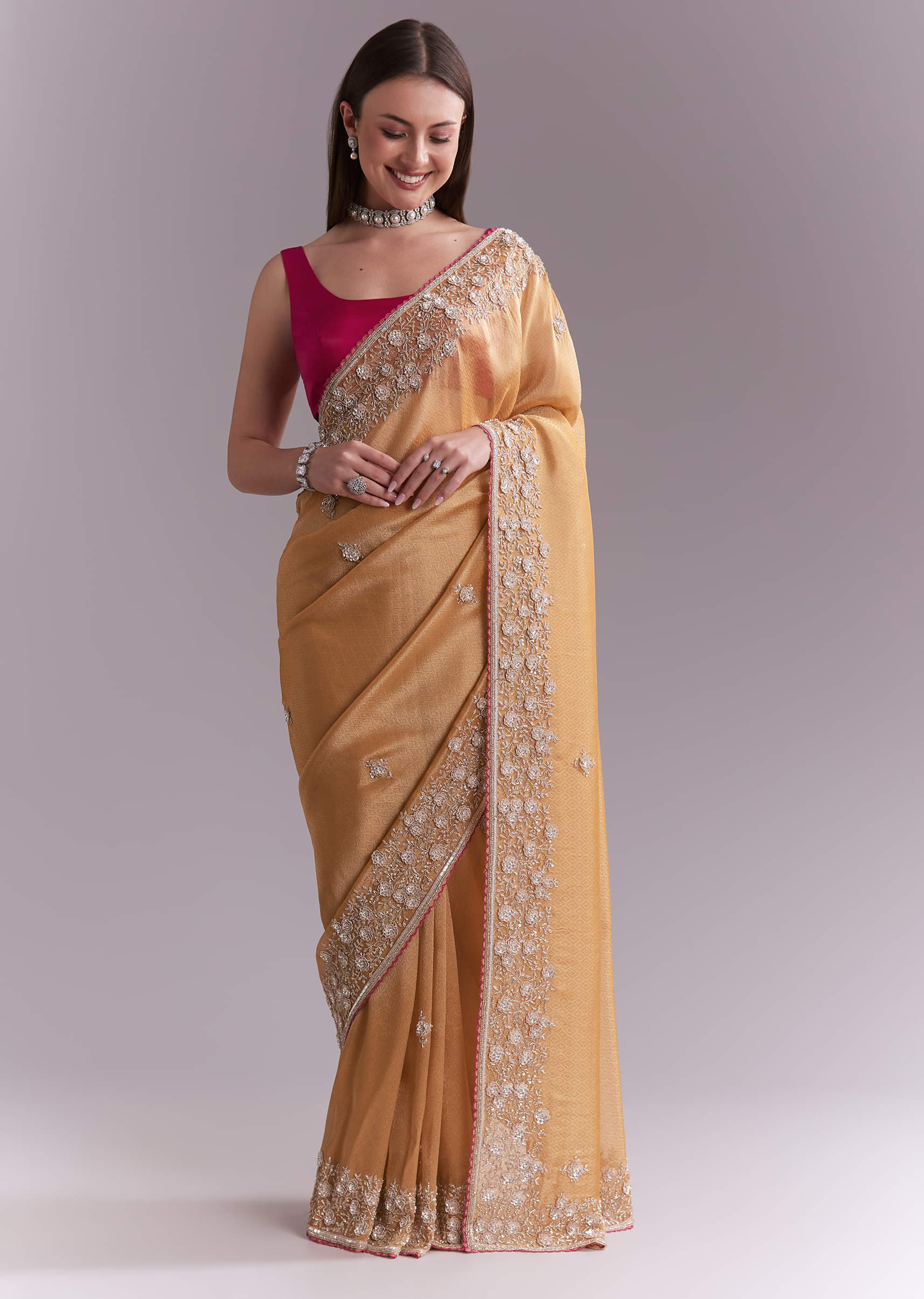 Orange Tissue Saree With Heavy Floral Embroidery - Image 10