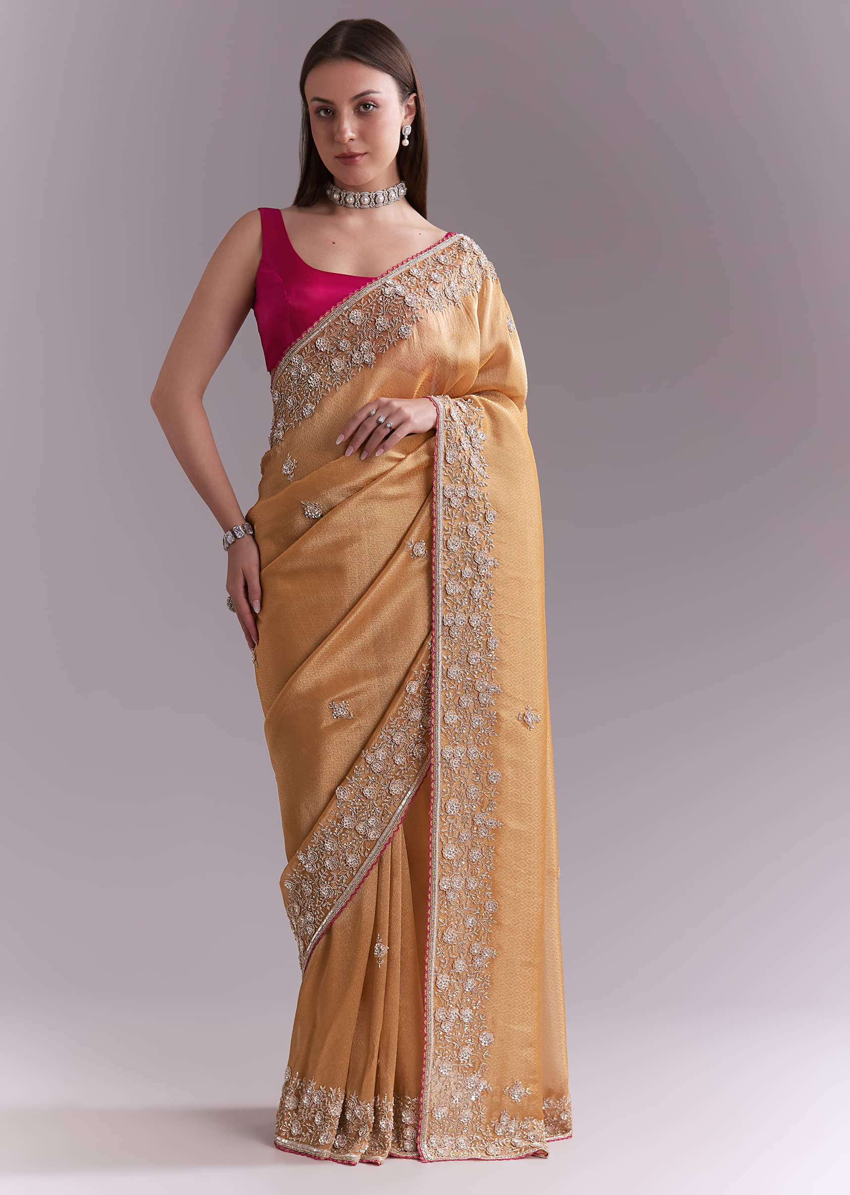 Orange Tissue Saree With Heavy Floral Embroidery - Image 3