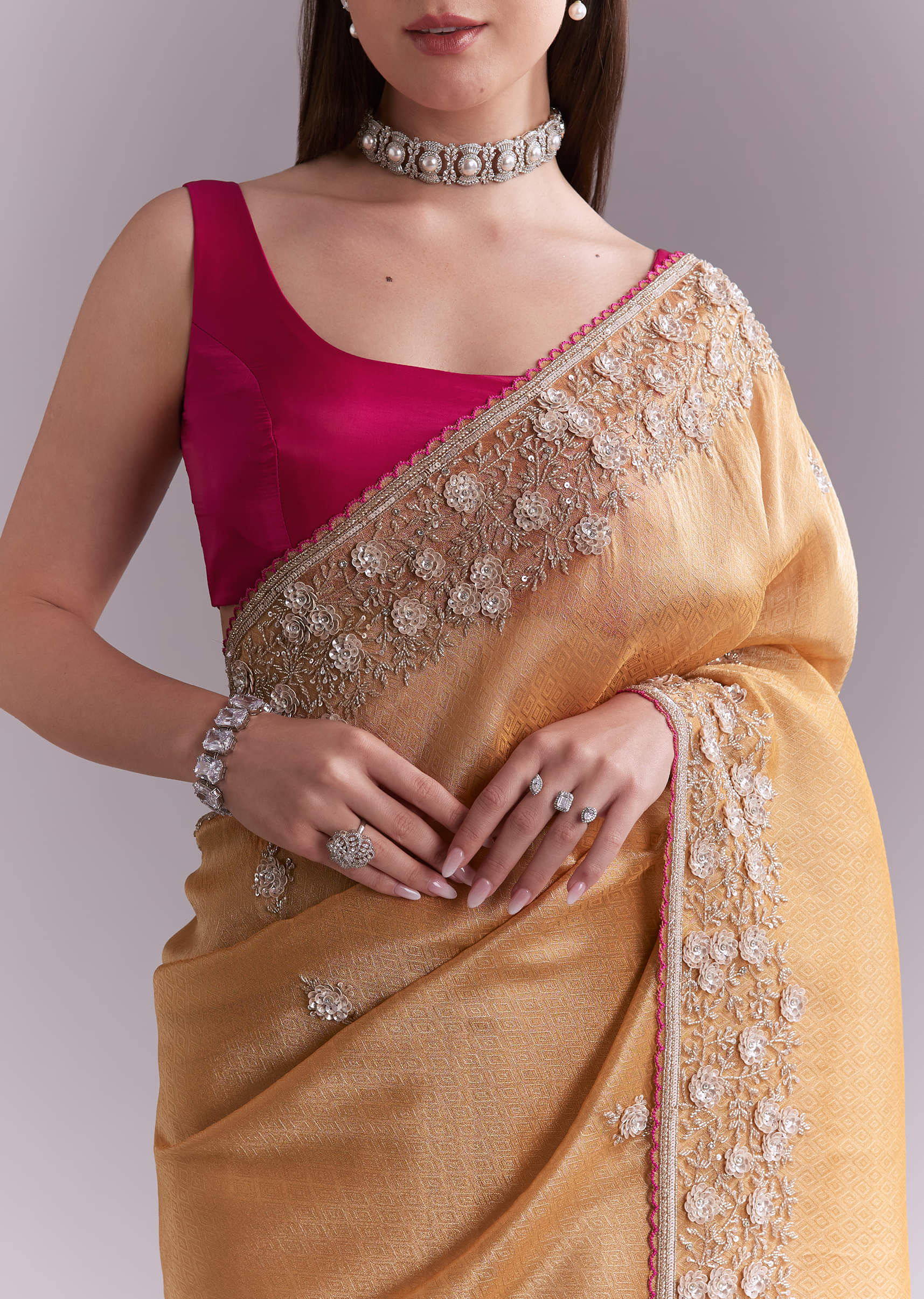 Orange Tissue Saree With Heavy Floral Embroidery - Image 5