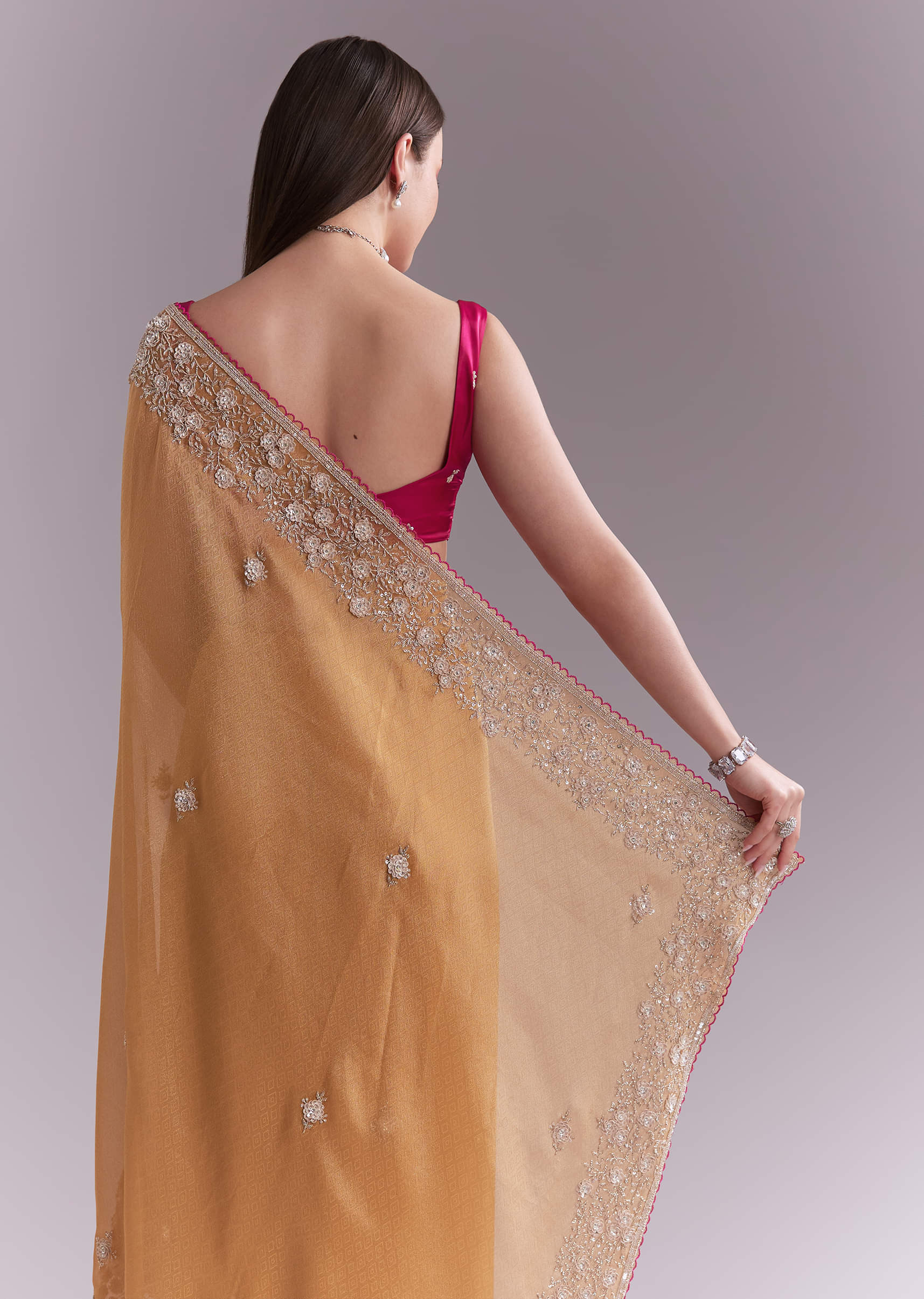 Orange Tissue Saree With Heavy Floral Embroidery - Image 6