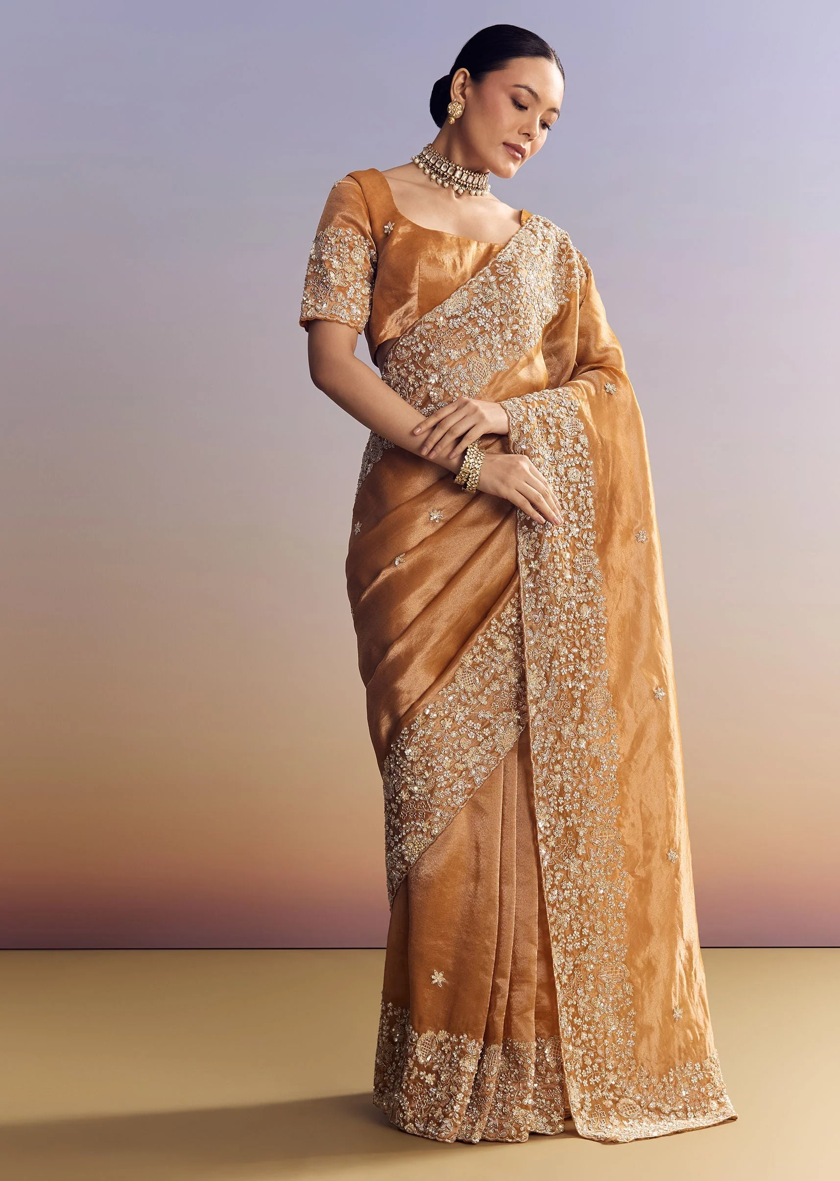 Orange Tissue Saree With Unstitched Heavy Embroidered Border - Image 3