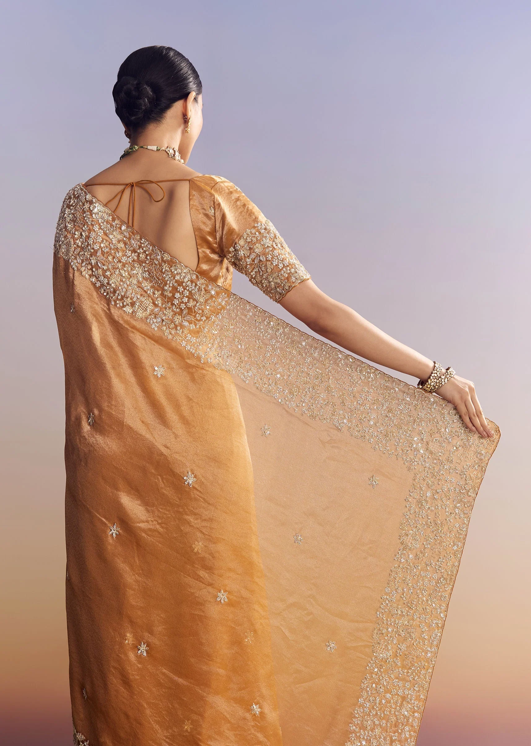 Orange Tissue Saree With Unstitched Heavy Embroidered Border - Image 4