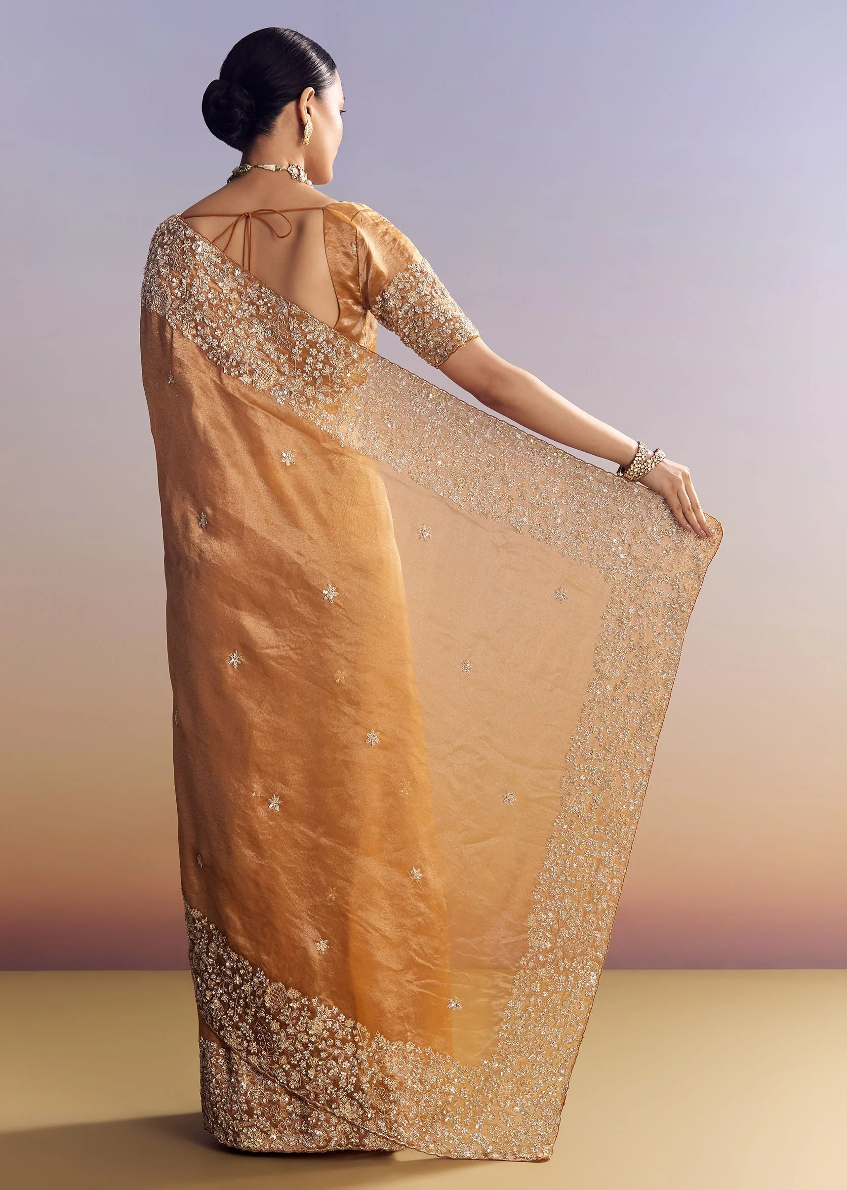 Orange Tissue Saree With Unstitched Heavy Embroidered Border - Image 6