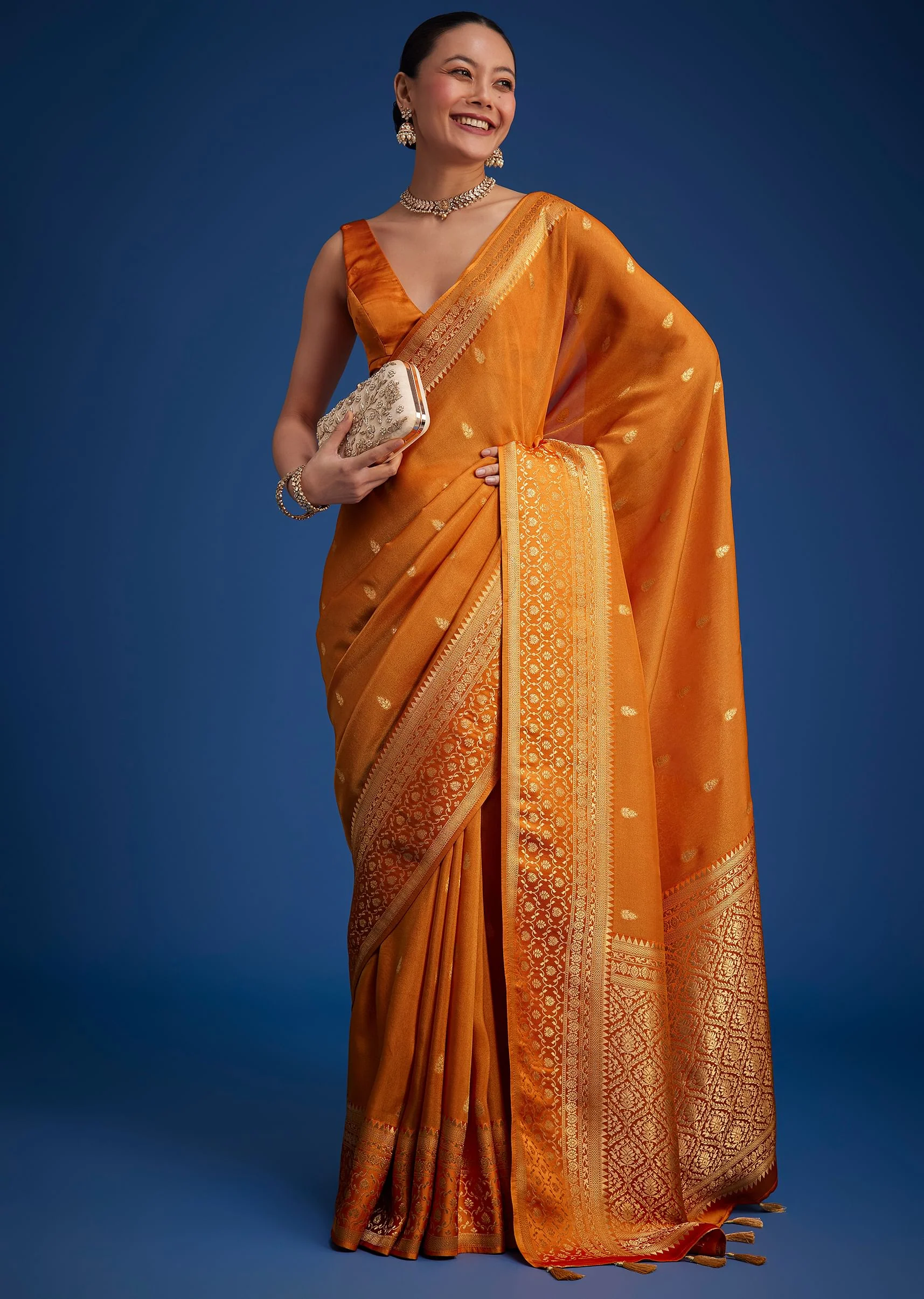 Orange Tissue Silk Saree With Zari Border And Butti Work - Image 3