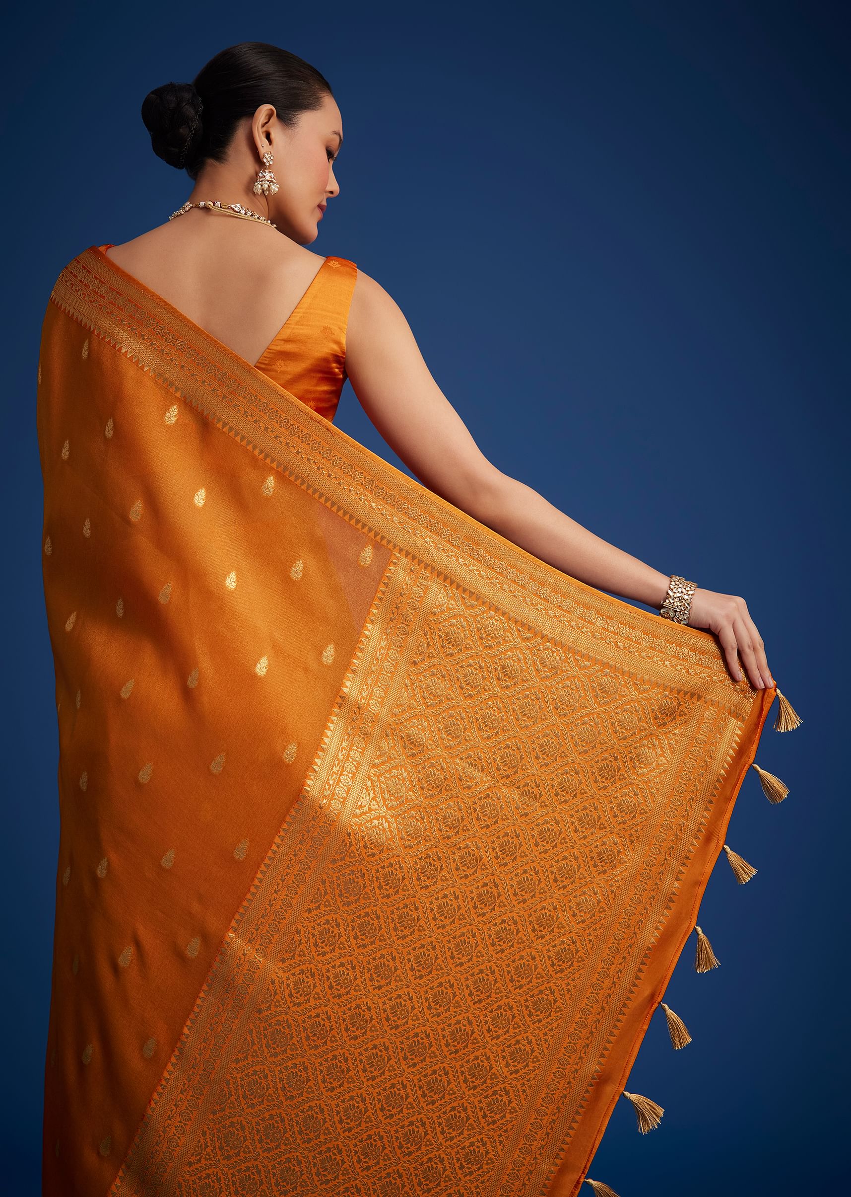Orange Tissue Silk Saree With Zari Border And Butti Work - Image 6