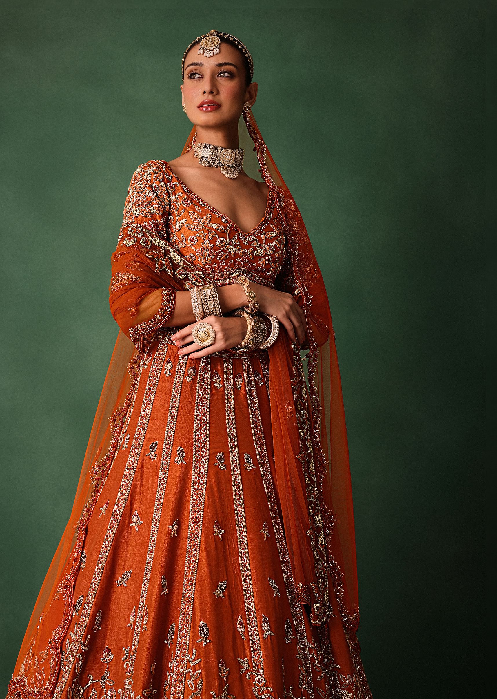 Orange Tussar Zardosi Embroidered Lehenga With Blouse And Dupatta - Image 2