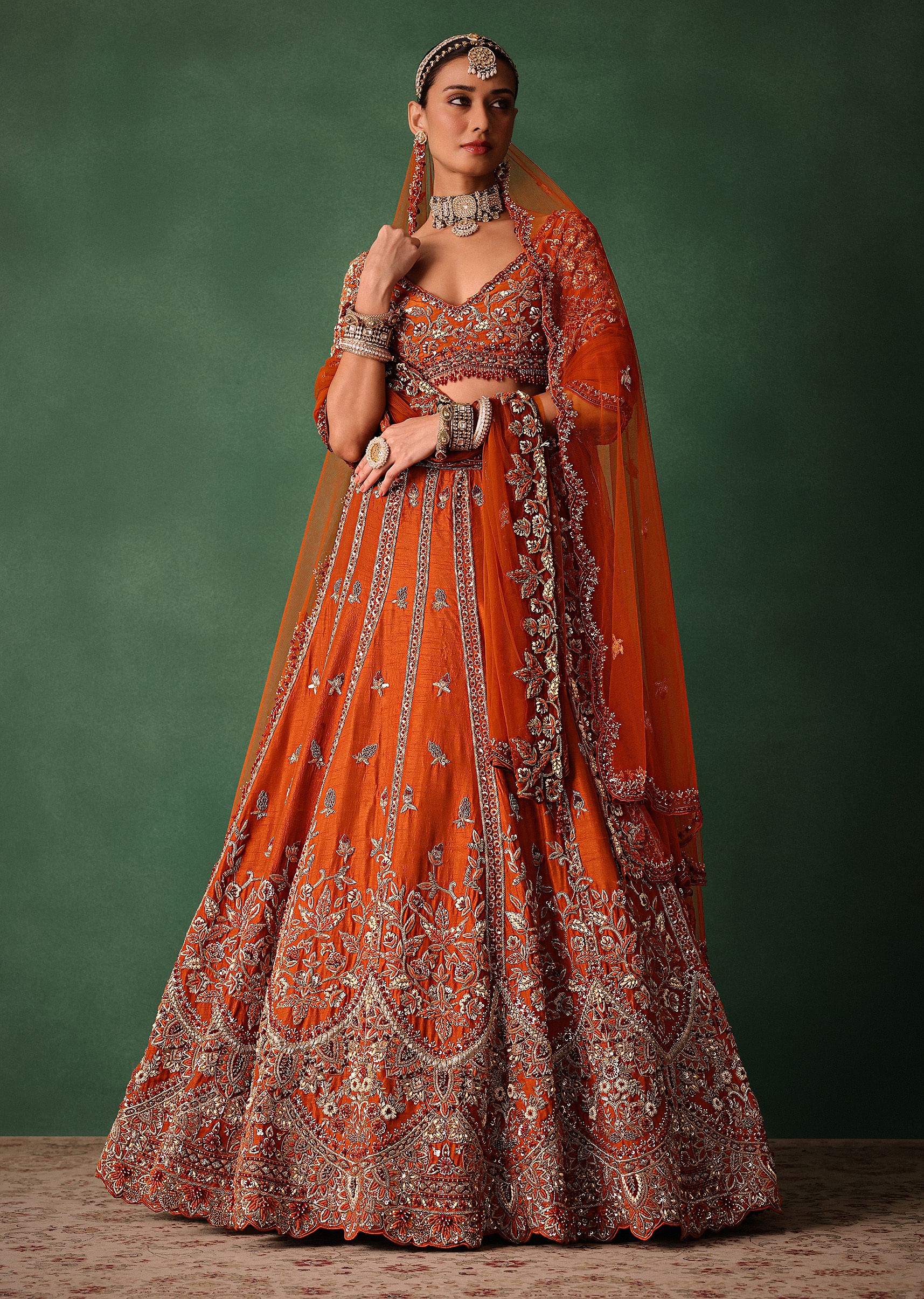 Orange Tussar Zardosi Embroidered Lehenga With Blouse And Dupatta - Image 3