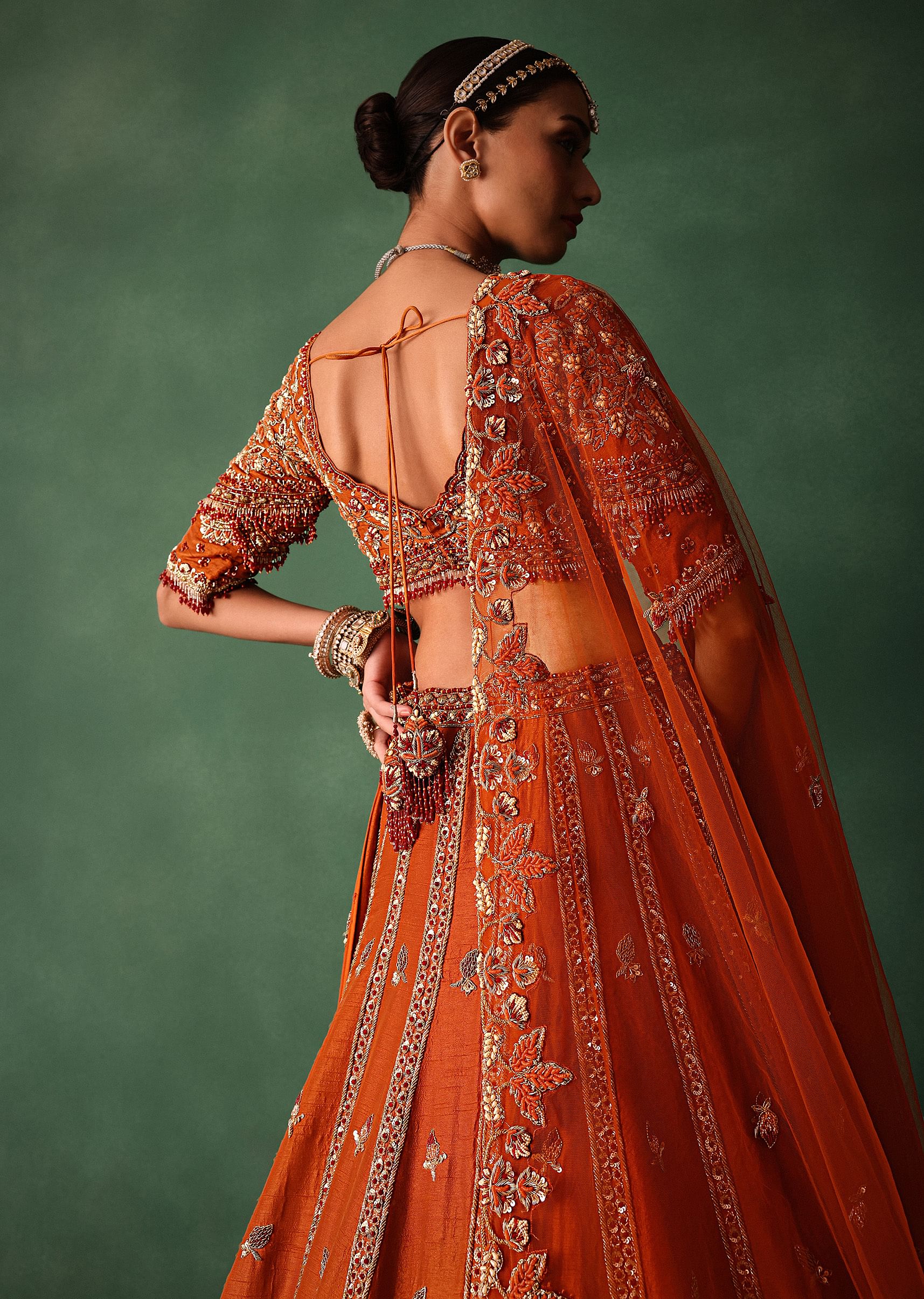 Orange Tussar Zardosi Embroidered Lehenga With Blouse And Dupatta - Image 4