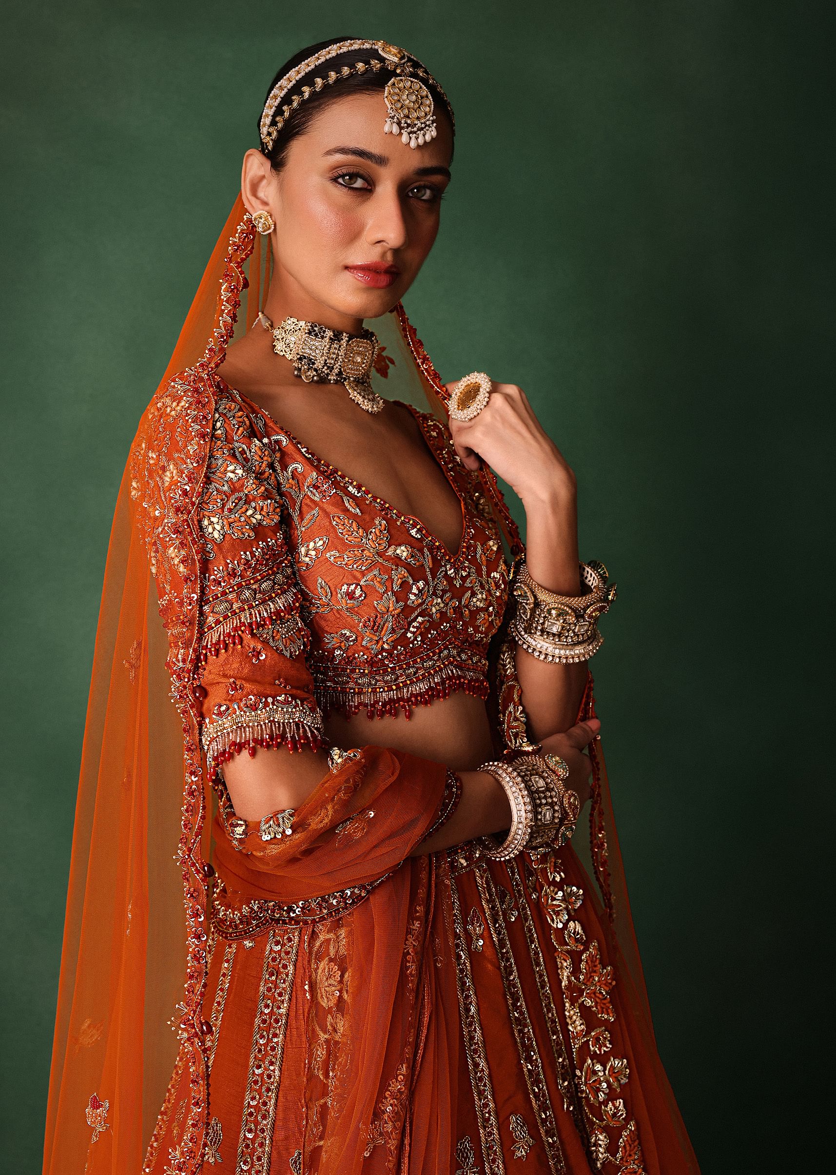 Orange Tussar Zardosi Embroidered Lehenga With Blouse And Dupatta - Image 5