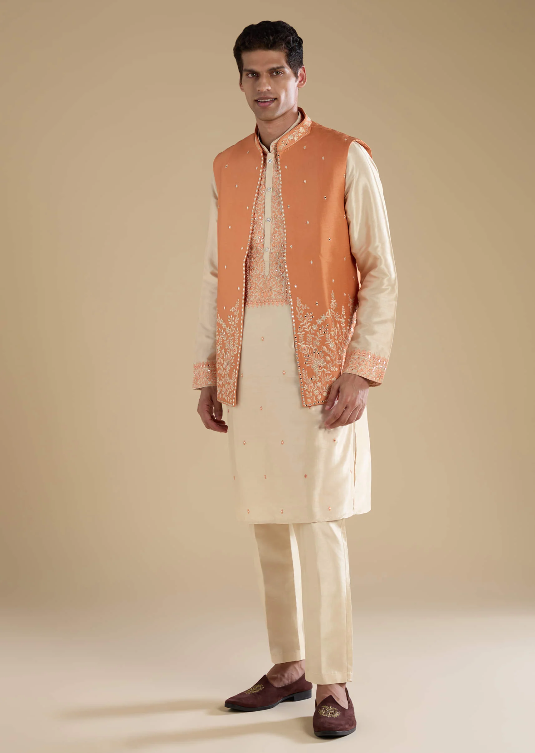 Orange Viscose Jacket Kurta Set with Mirror Work