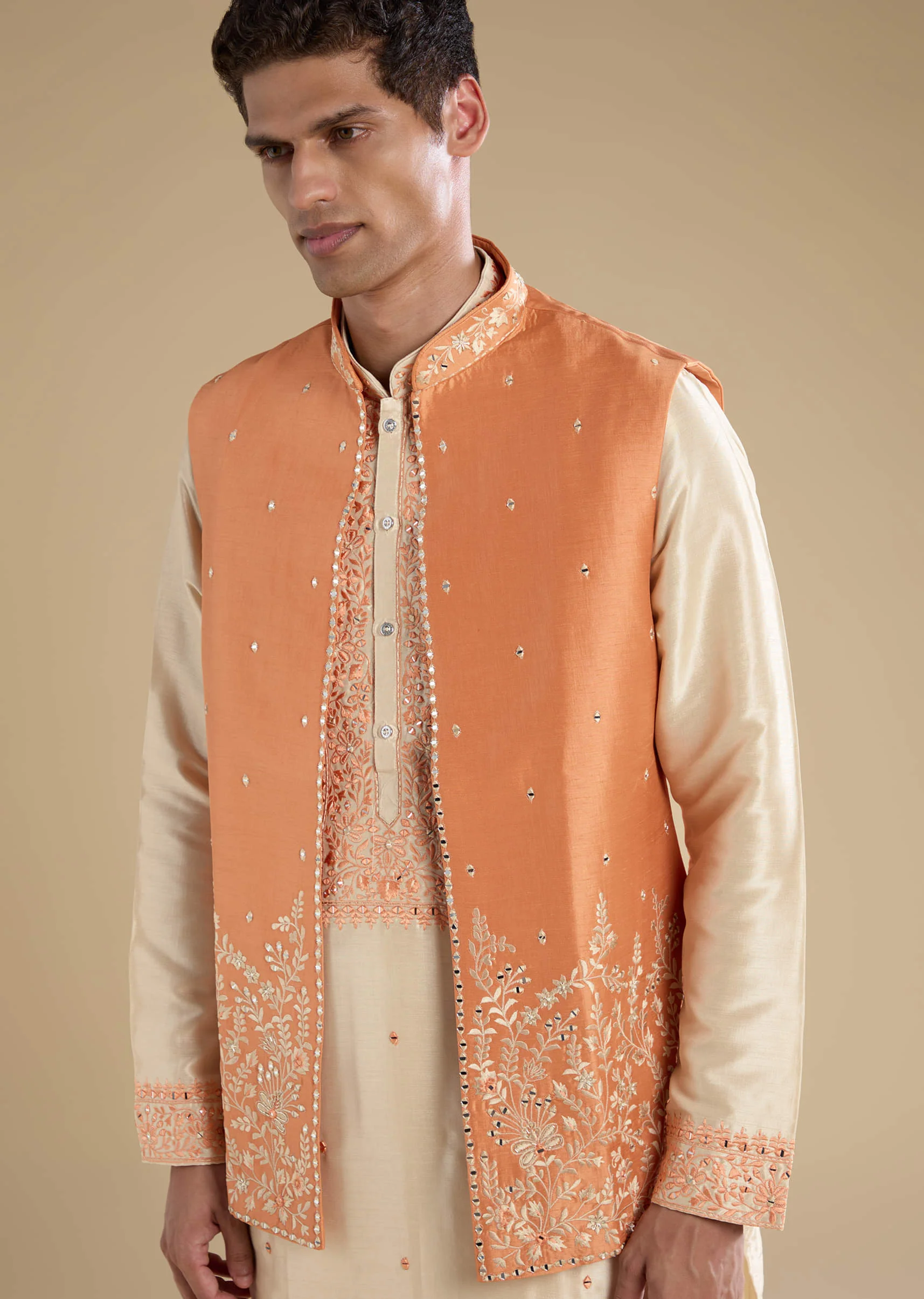 Orange Viscose Jacket Kurta Set with Mirror Work - Image 2