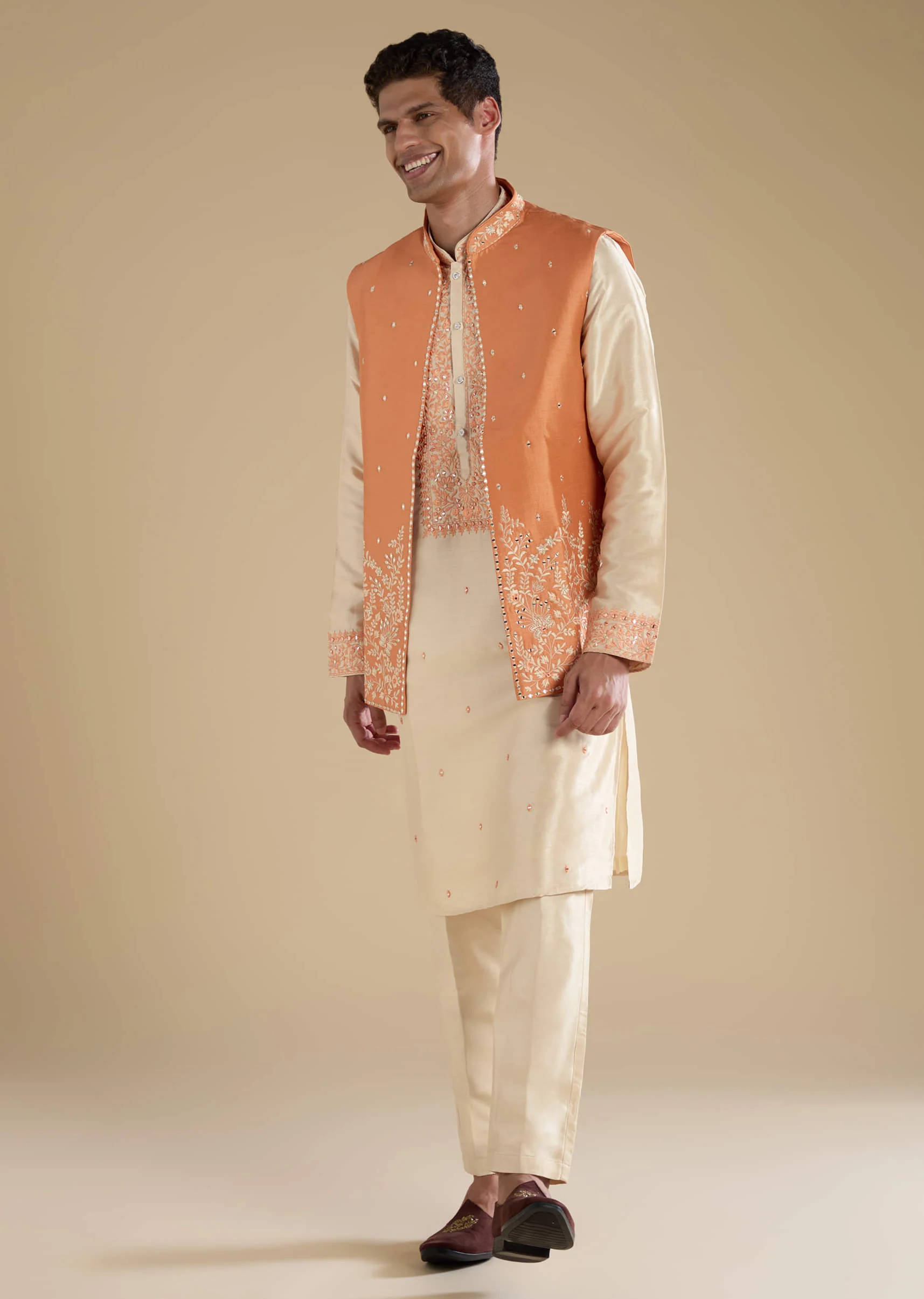 Orange Viscose Jacket Kurta Set with Mirror Work - Image 3