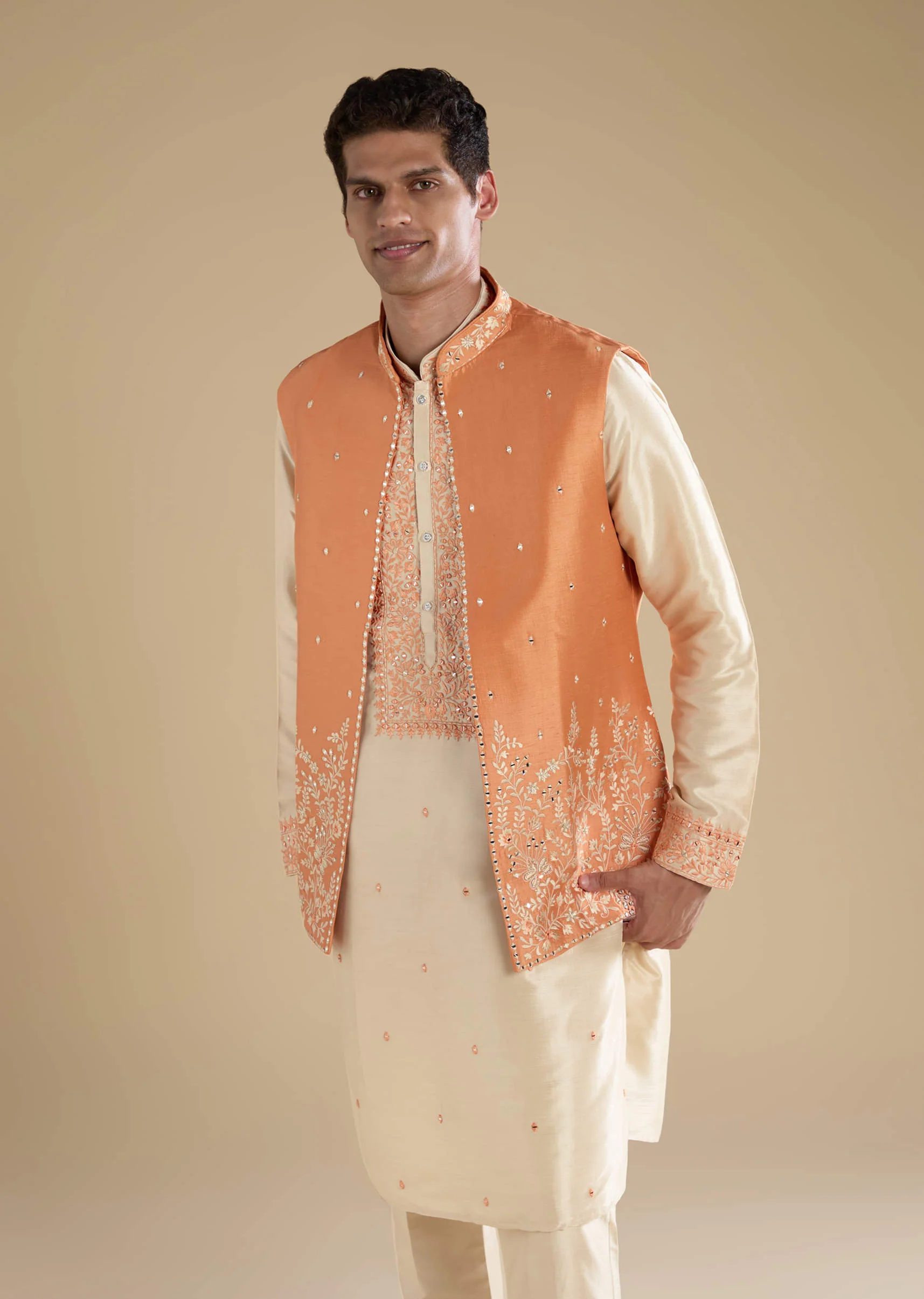 Orange Viscose Jacket Kurta Set with Mirror Work - Image 4