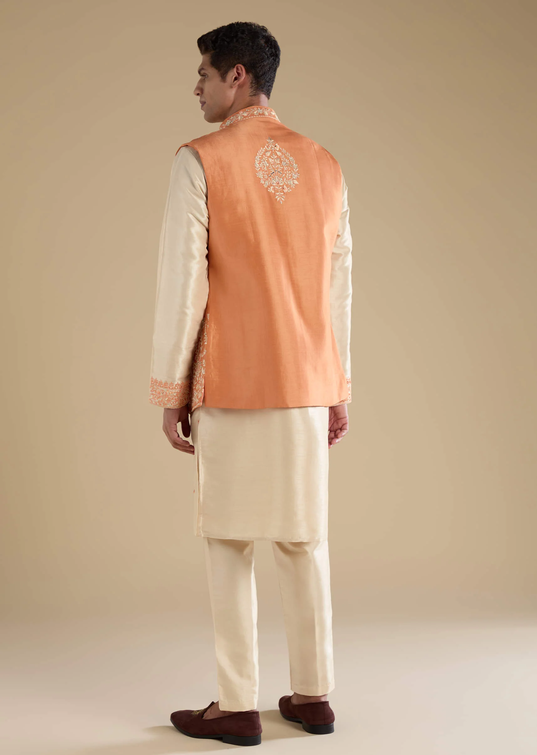 Orange Viscose Jacket Kurta Set with Mirror Work - Image 5