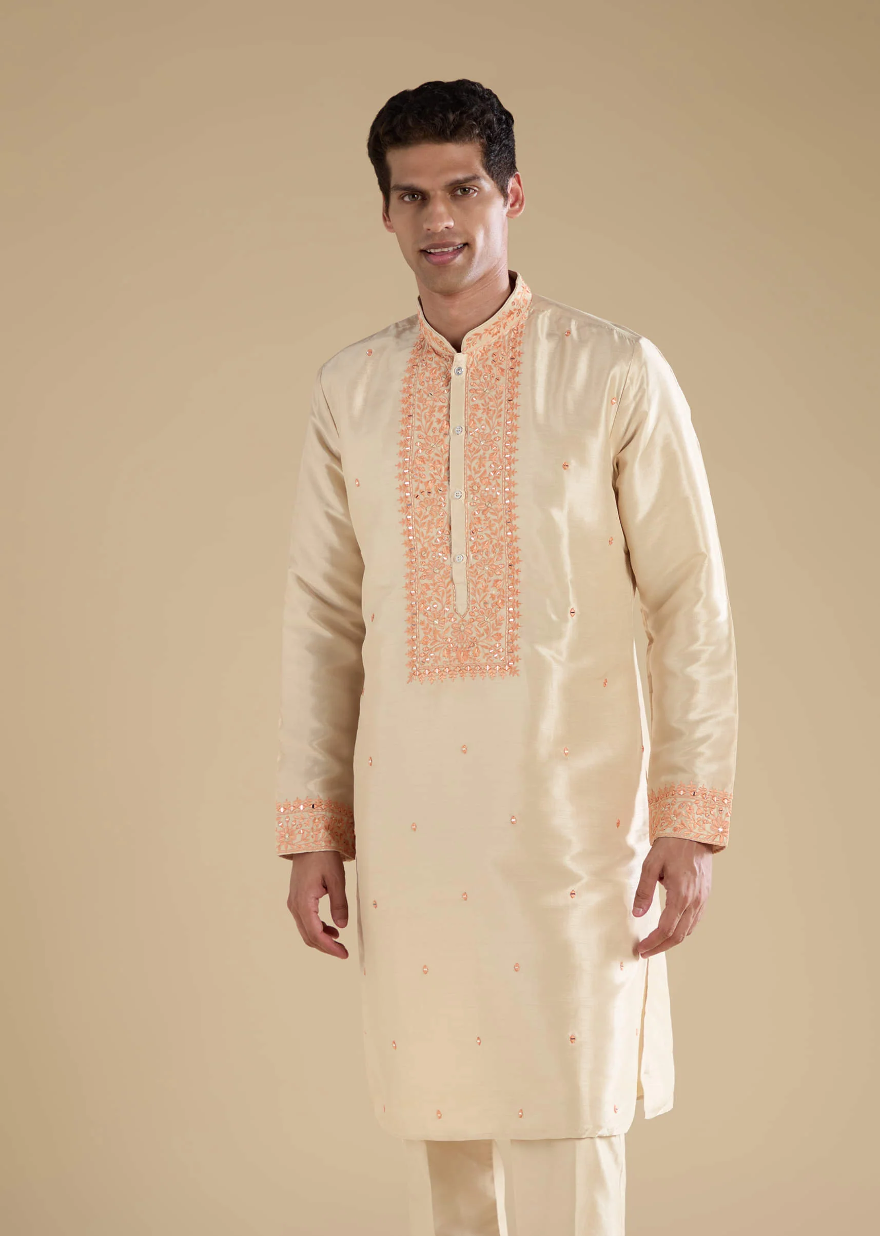 Orange Viscose Jacket Kurta Set with Mirror Work - Image 6