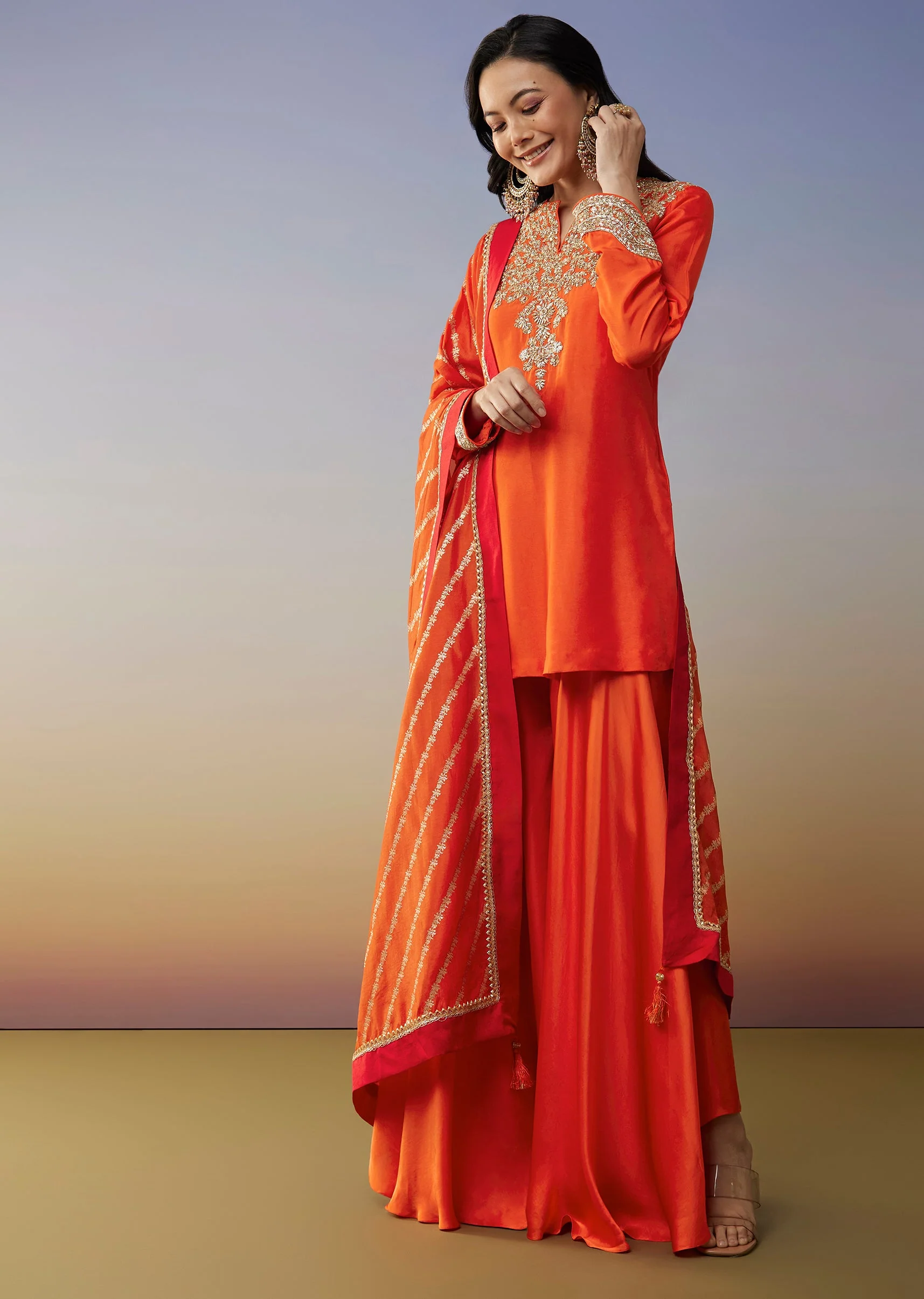 Orange Viscose Satin Palazzo Suit with Zardosi Work - Image 3