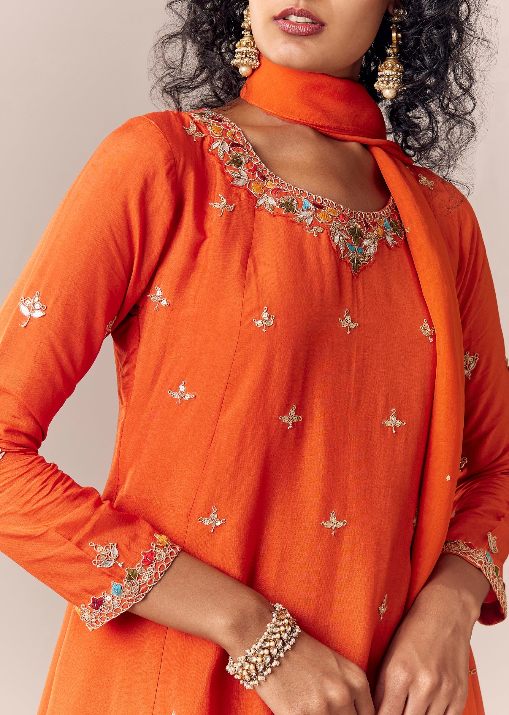 Orange Zari Work Anarkali Palazzo Set With Dupatta - Image 2