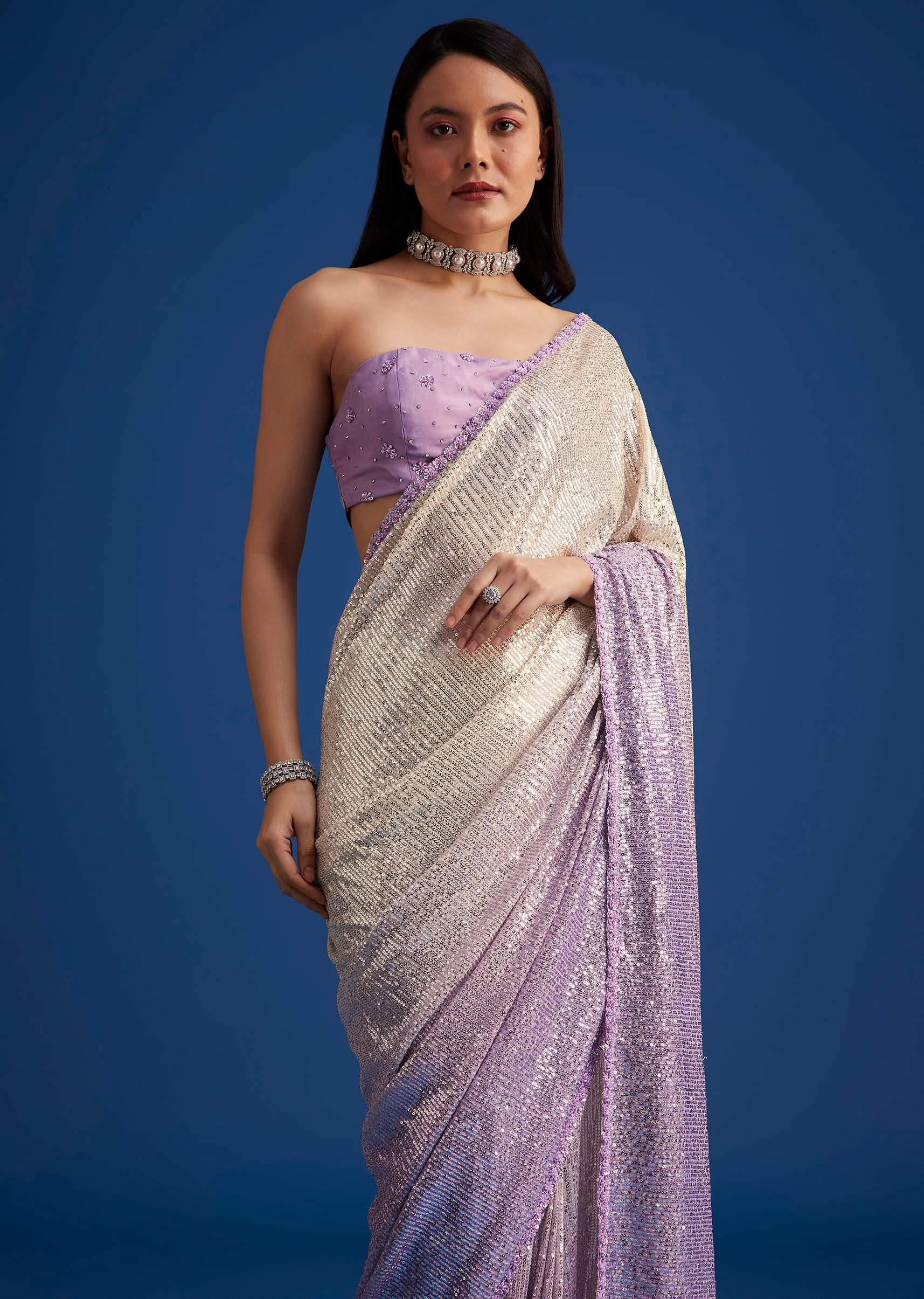 Lavender Purple Ombre Sequins Saree With An Embellished Border - Image 2