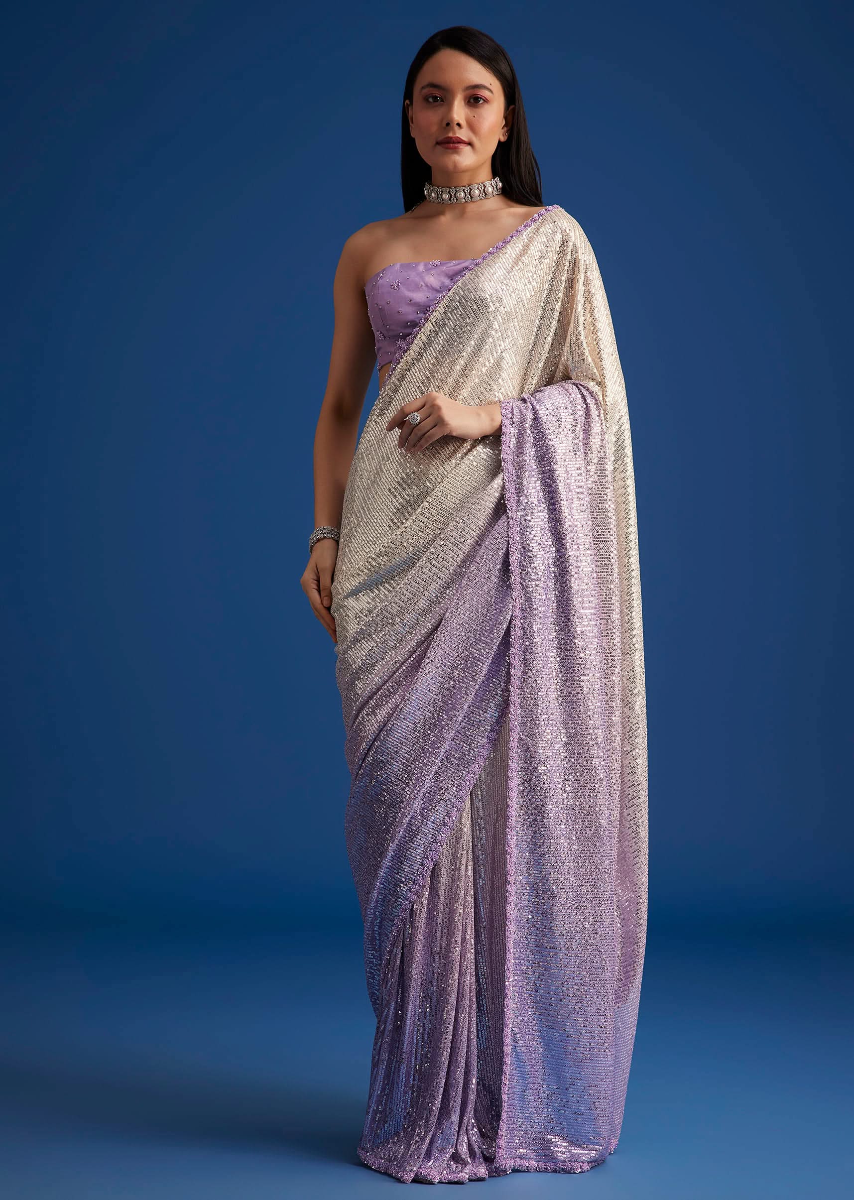 Lavender Purple Ombre Sequins Saree With An Embellished Border - Image 3