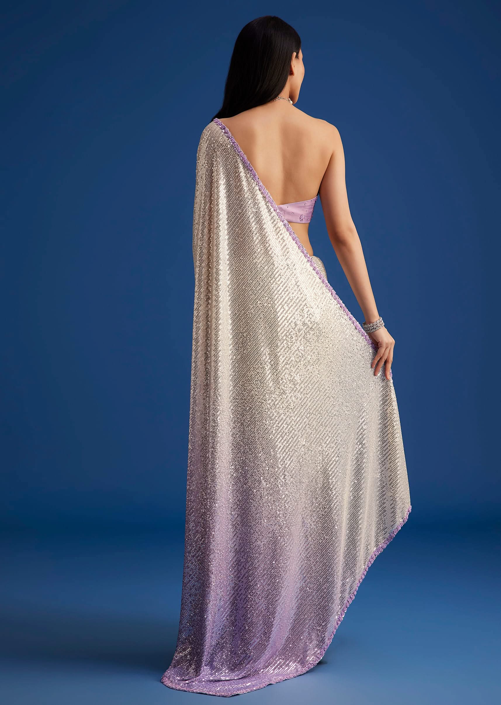 Lavender Purple Ombre Sequins Saree With An Embellished Border - Image 4