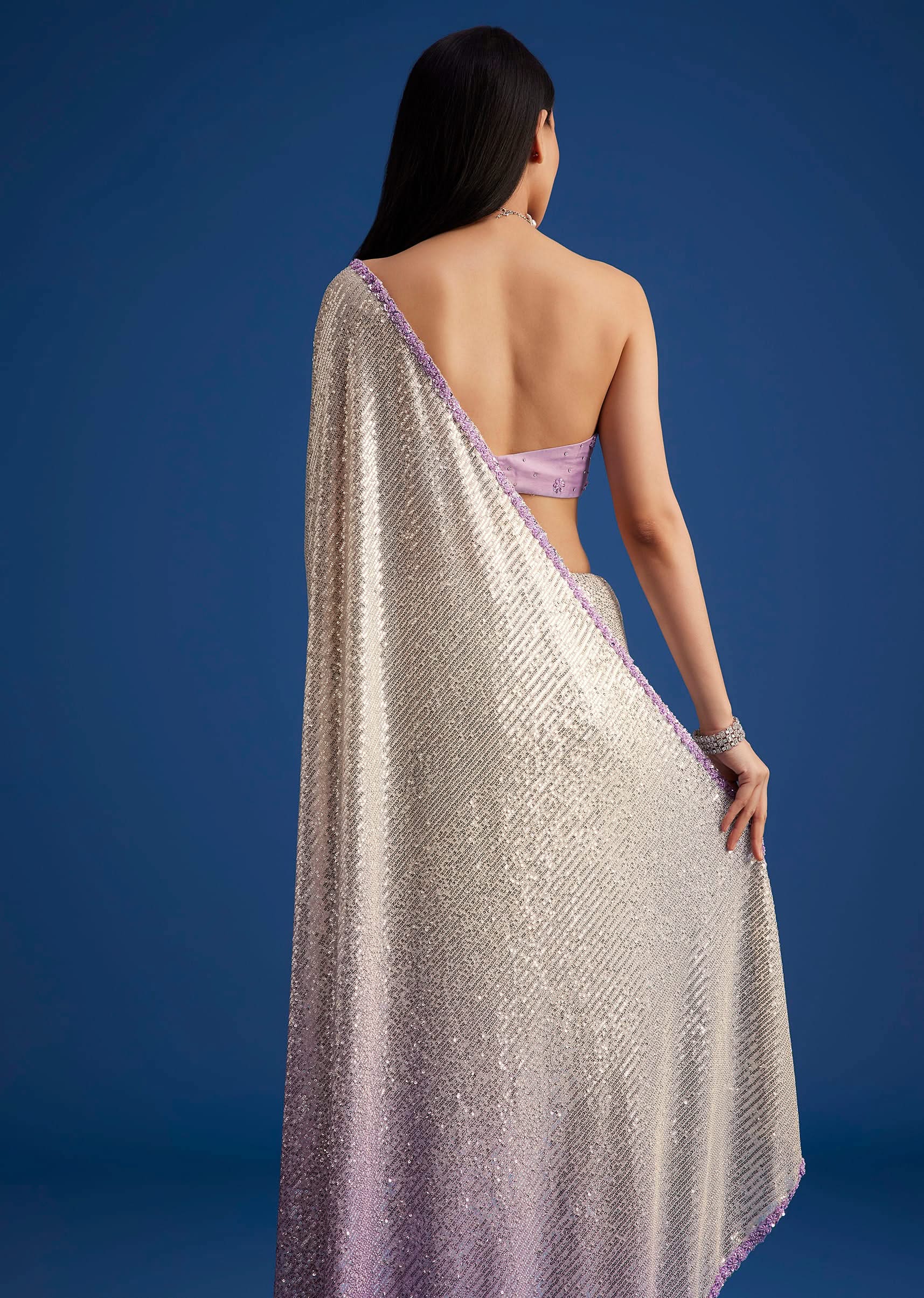 Lavender Purple Ombre Sequins Saree With An Embellished Border - Image 6
