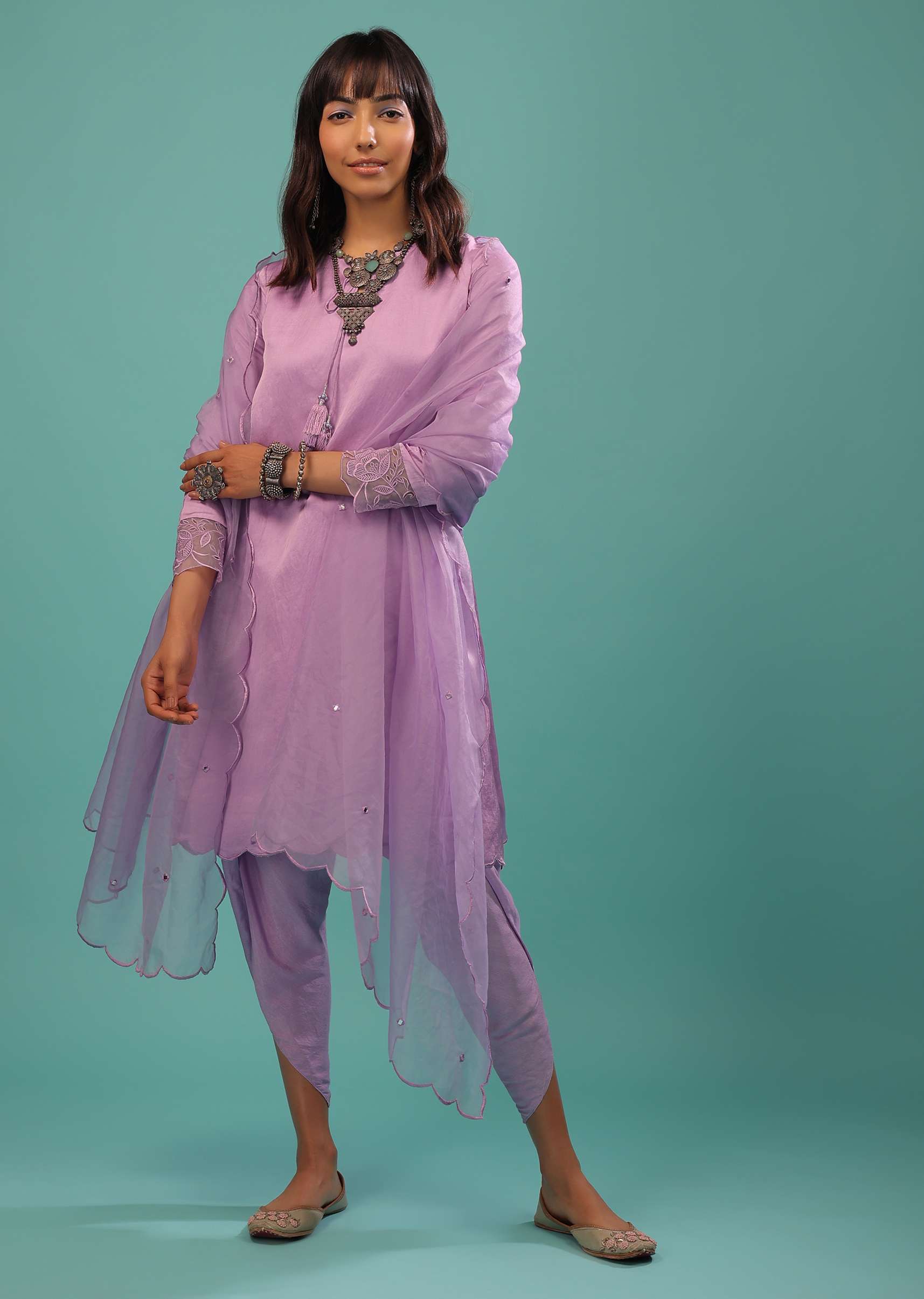 Lavender Purple Linen Silk Dhoti Suit With Floral Embroidered Organza Cuffs - Image 3