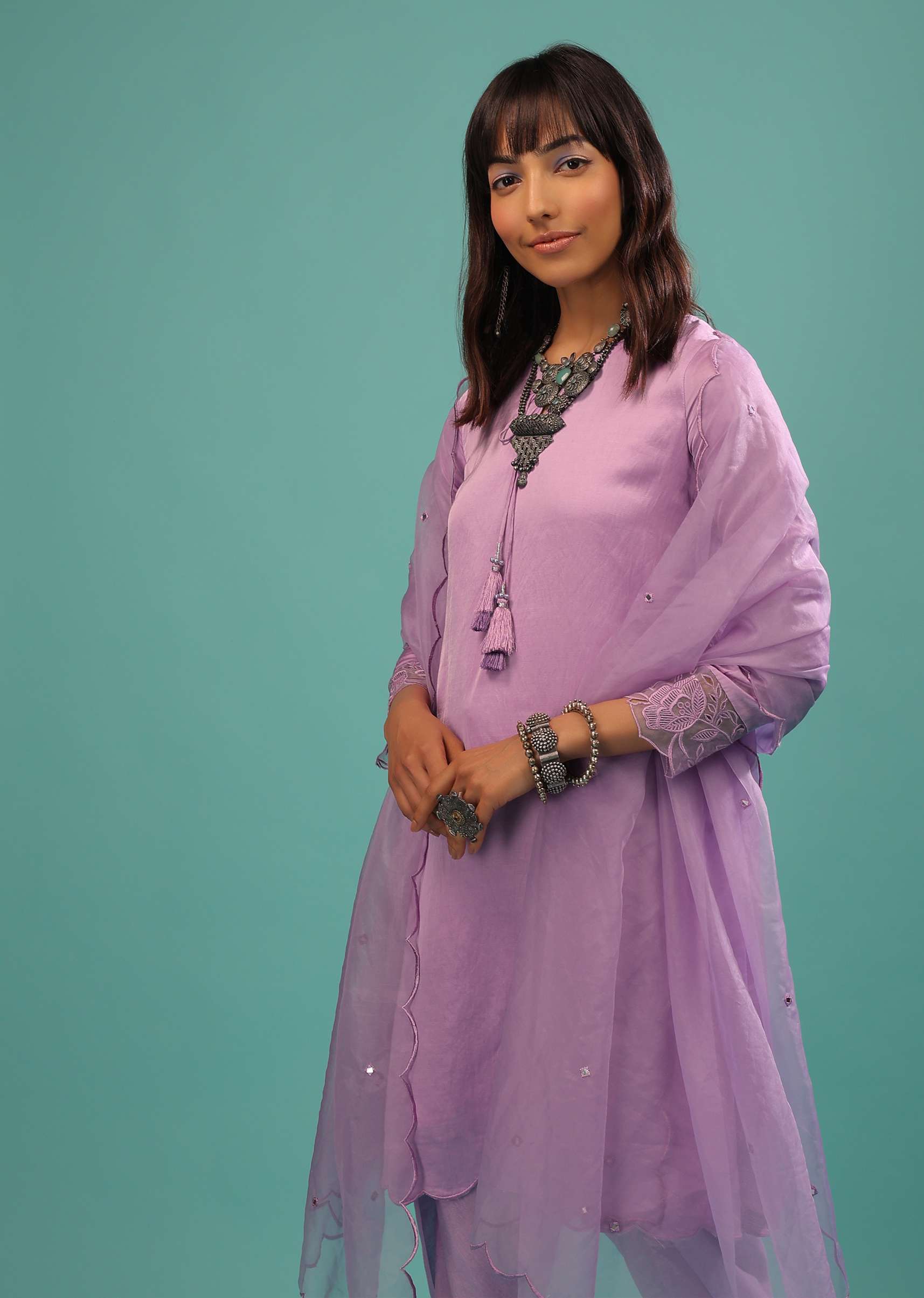 Lavender Purple Linen Silk Dhoti Suit With Floral Embroidered Organza Cuffs - Image 4