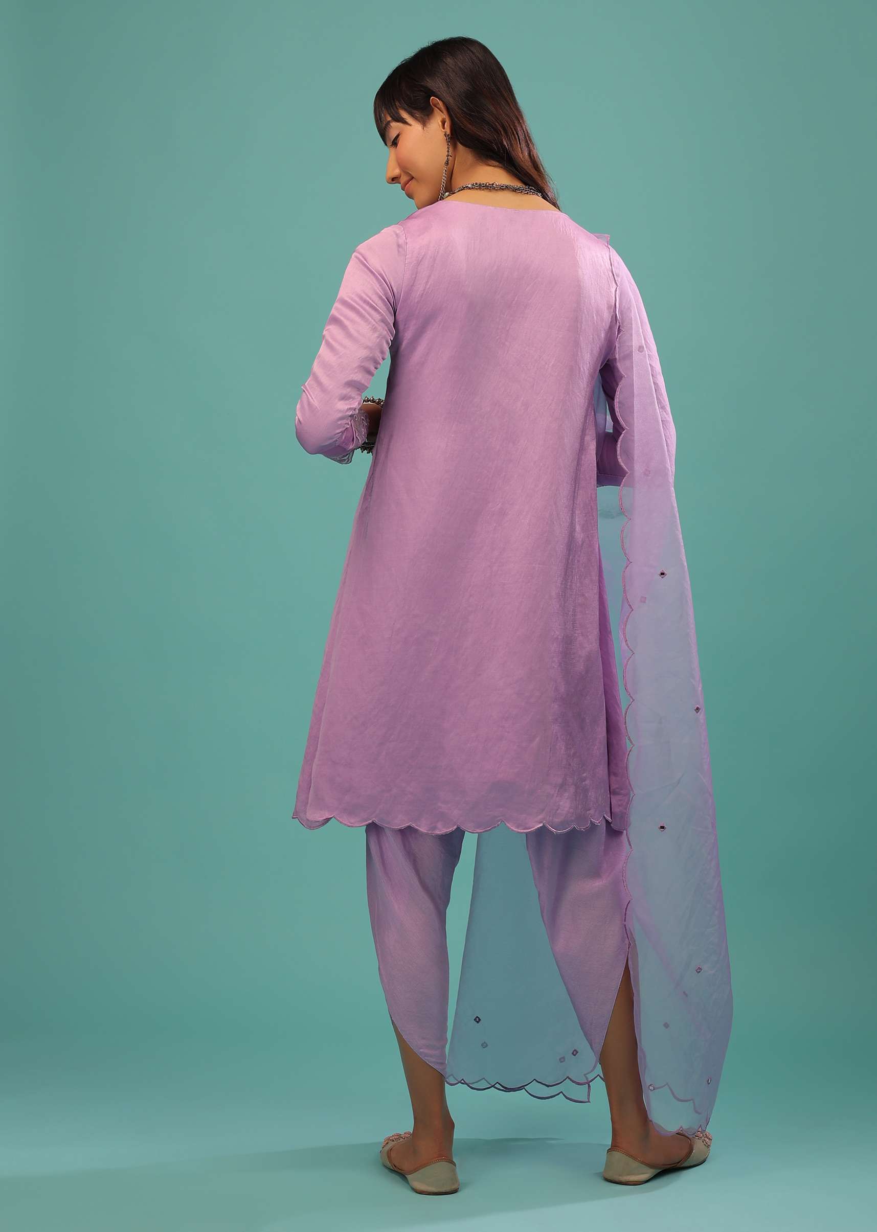 Lavender Purple Linen Silk Dhoti Suit With Floral Embroidered Organza Cuffs - Image 5