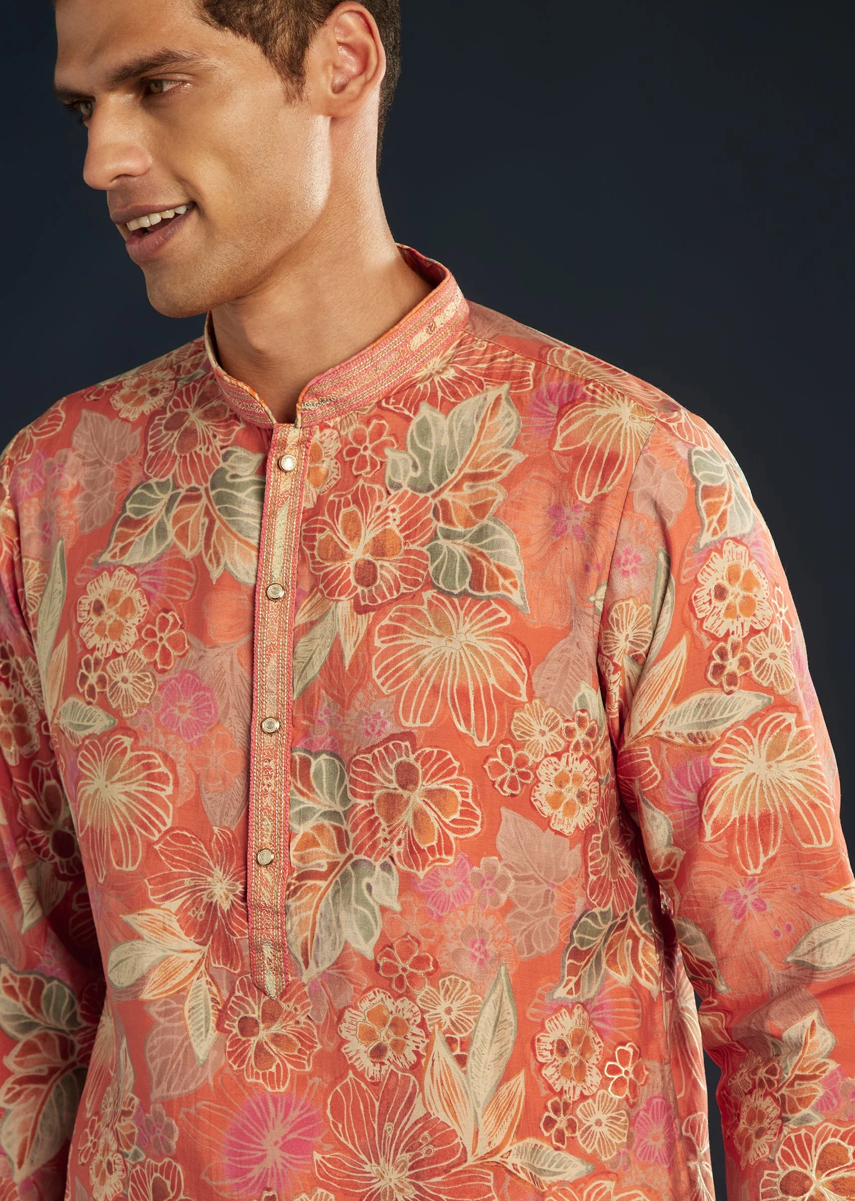 Orange Silk Kurta Set with Floral Prints - Image 2
