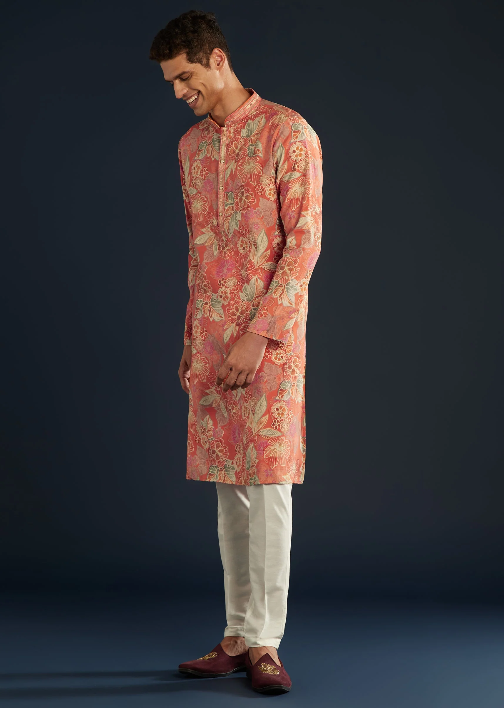 Orange Silk Kurta Set with Floral Prints - Image 3