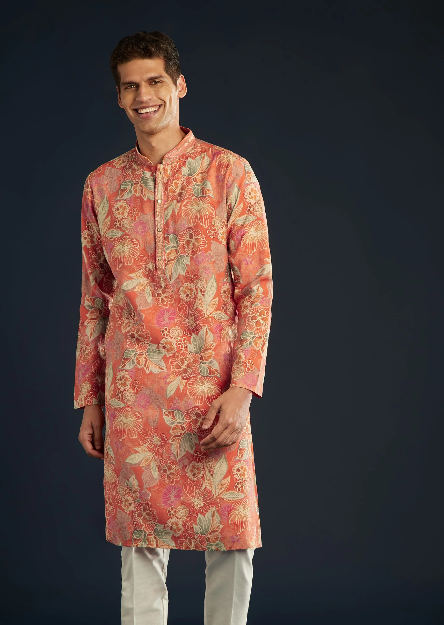 Orange Silk Kurta Set with Floral Prints - Image 4