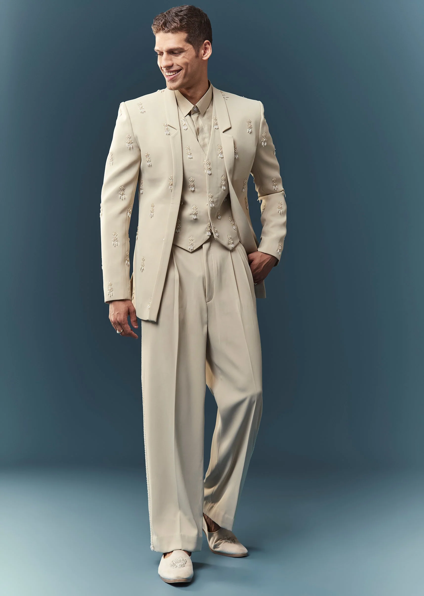 Oyster Embroidered Waistcoat Set With Wide Leg Pants
