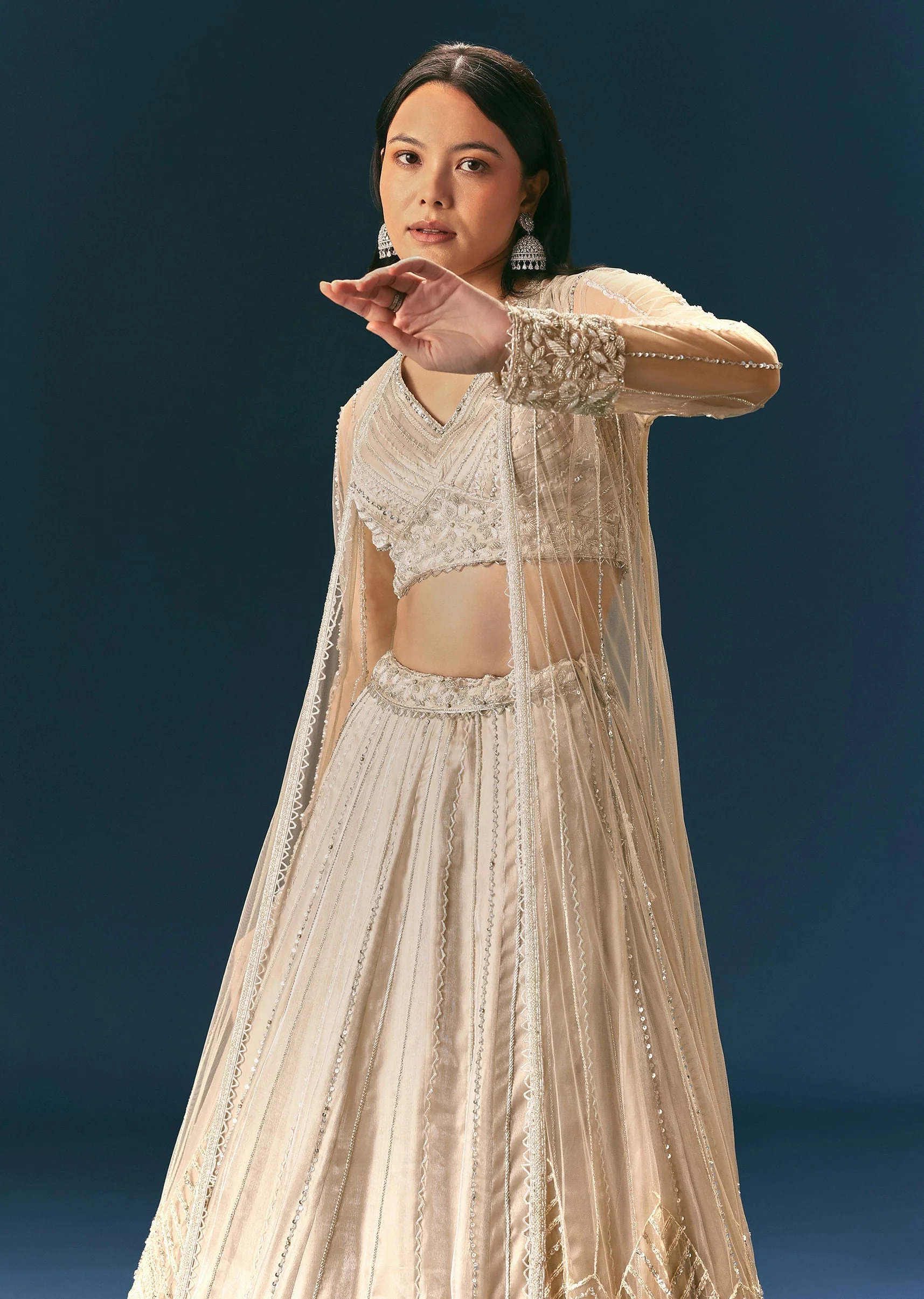 Oyster Lehenga Set In Organza With Jacket - Image 4
