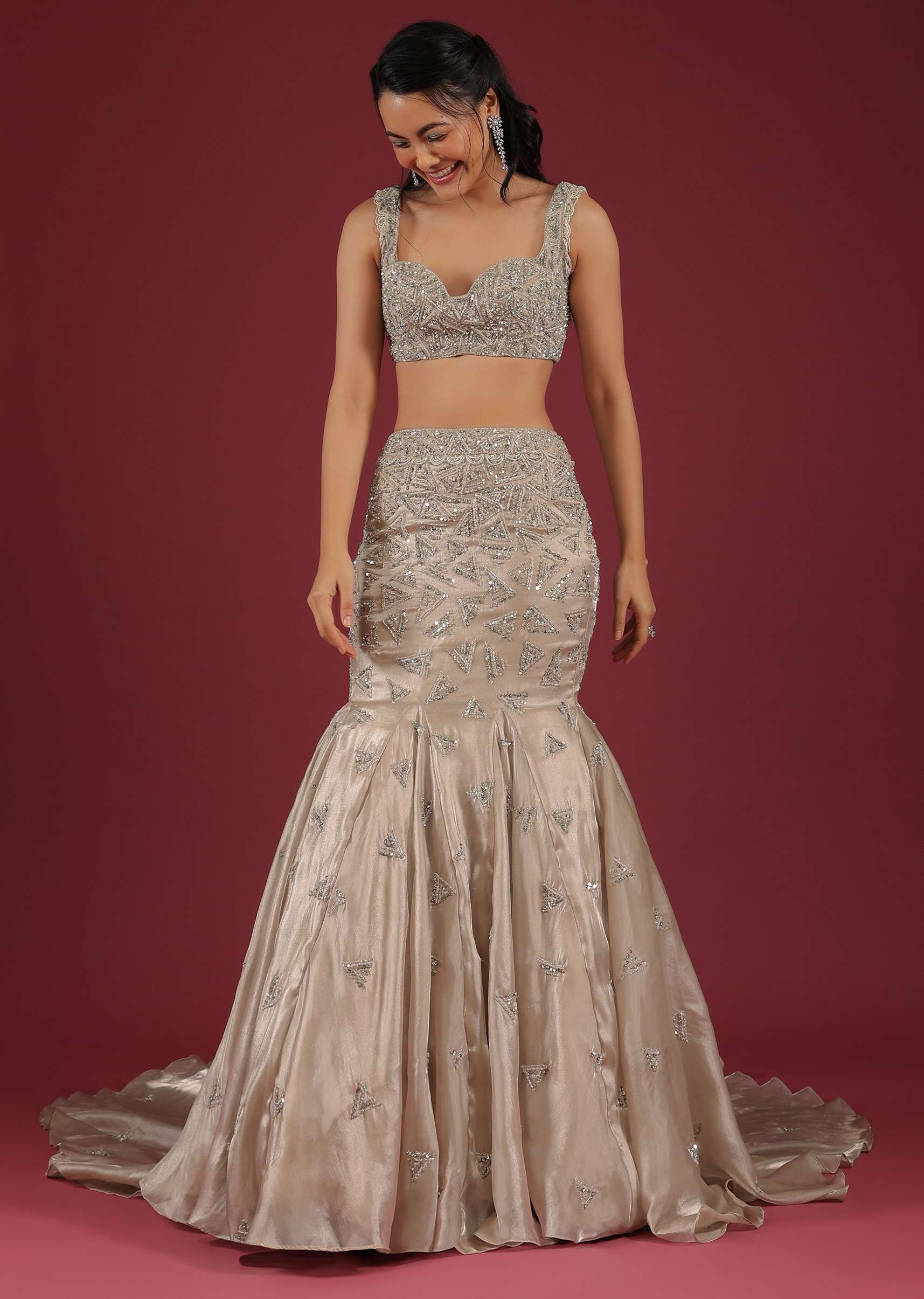 Organza Oyster Mermaid Lehenga With A Stone Motif Veil And Crop Top - Image 3