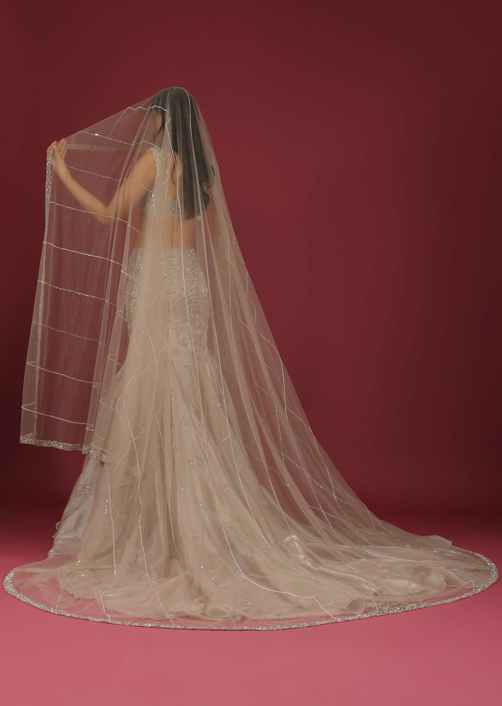 Organza Oyster Mermaid Lehenga With A Stone Motif Veil And Crop Top - Image 6