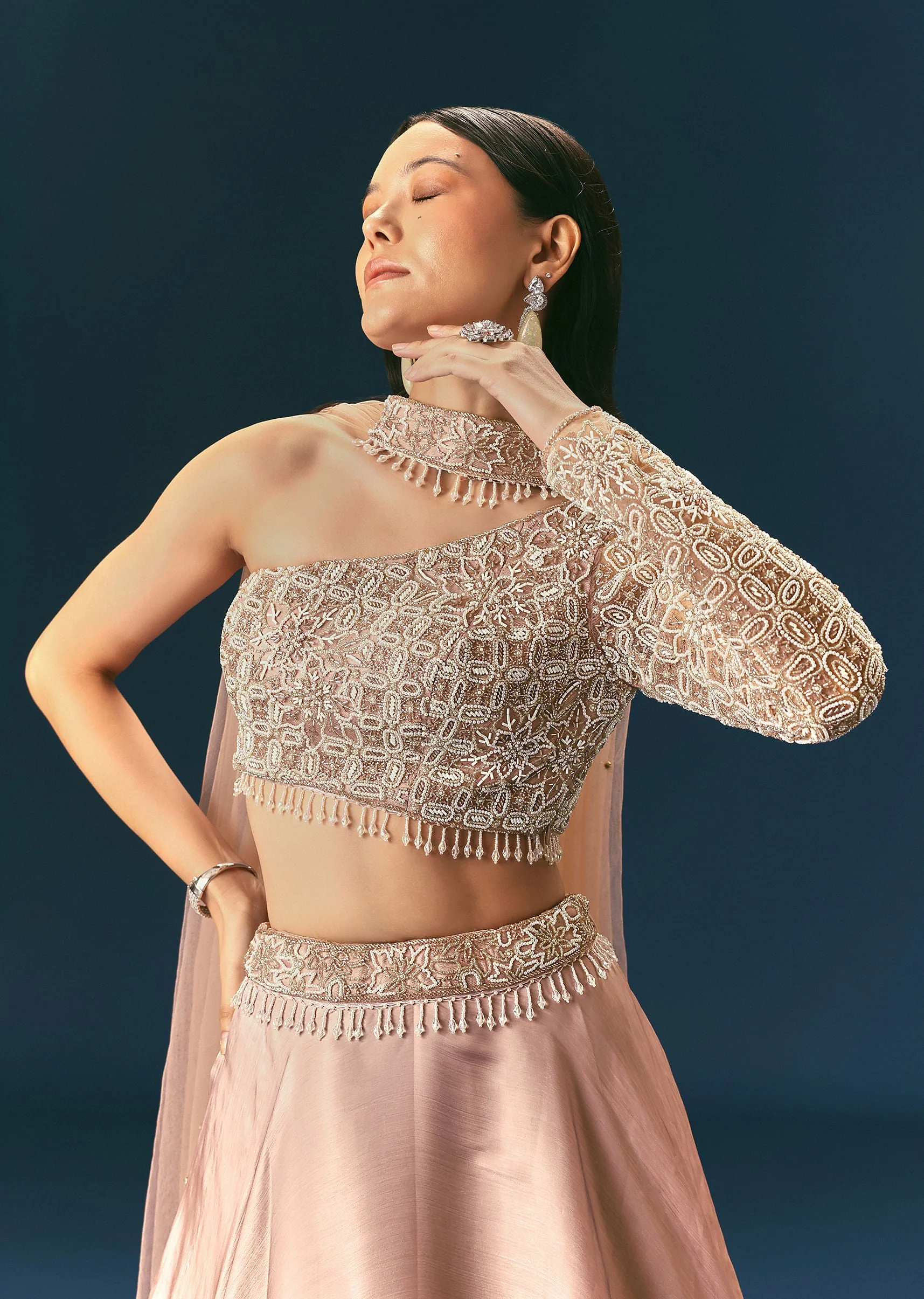 Oyster Organza Embroidered Lehenga Set With Dupatta - Image 2
