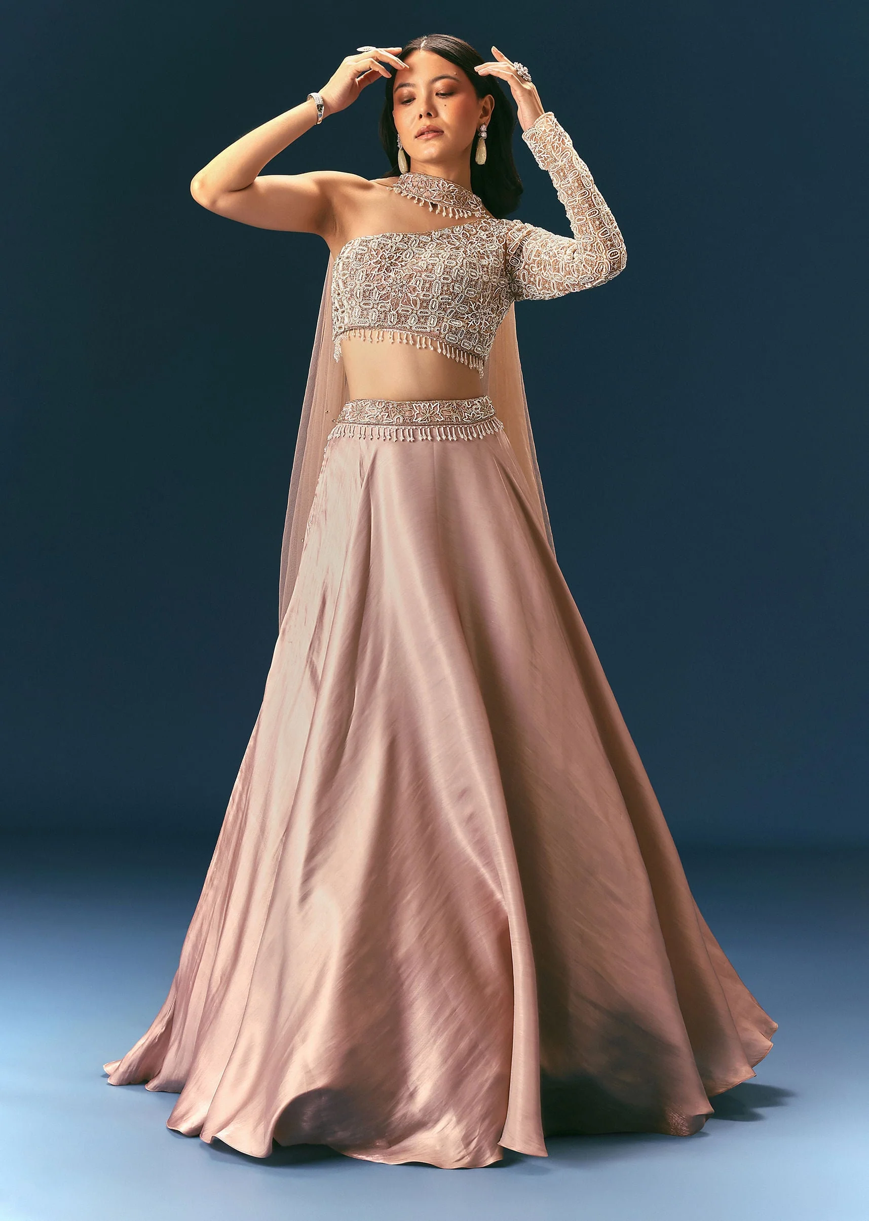 Oyster Organza Embroidered Lehenga Set With Dupatta - Image 3