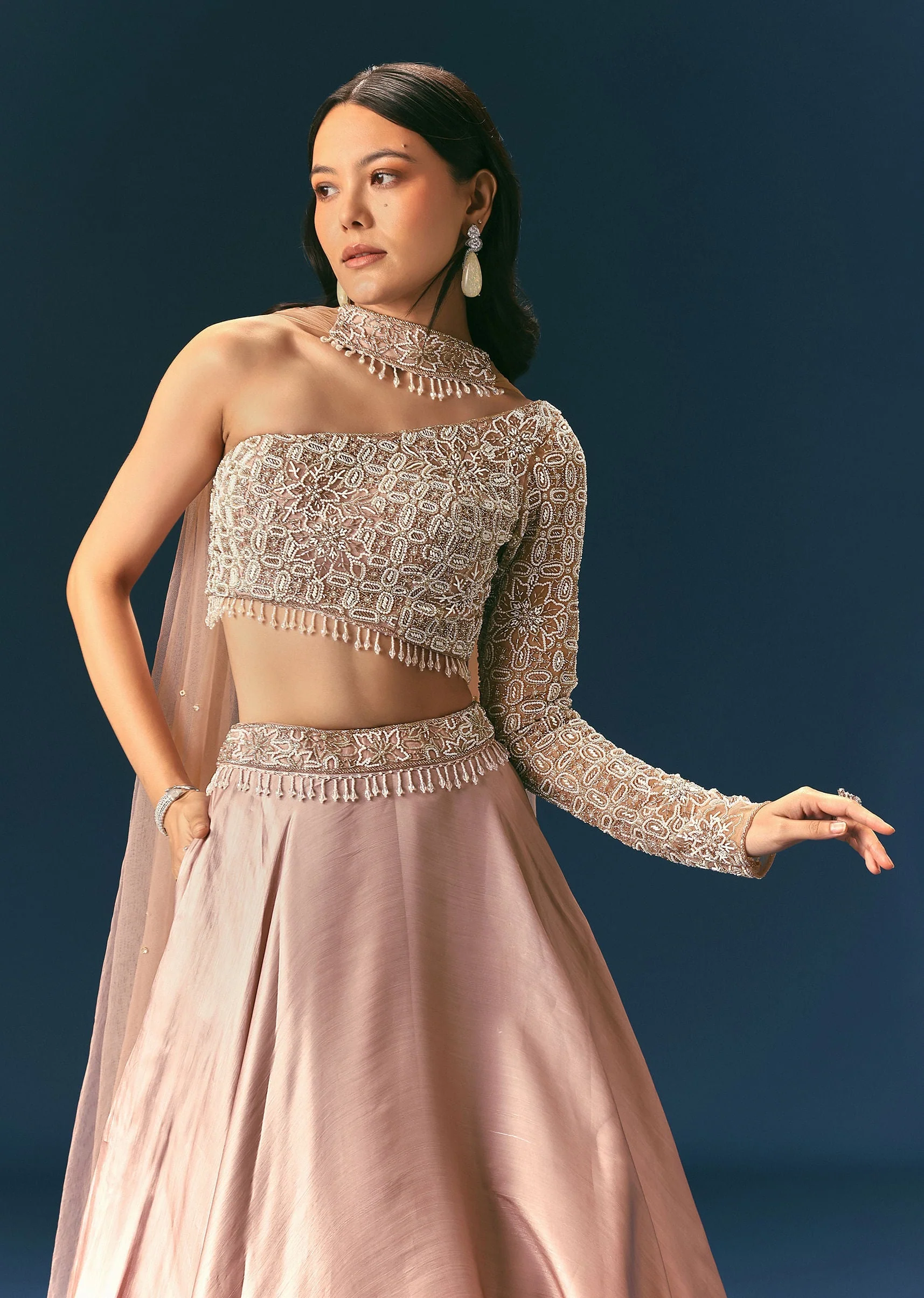 Oyster Organza Embroidered Lehenga Set With Dupatta - Image 4