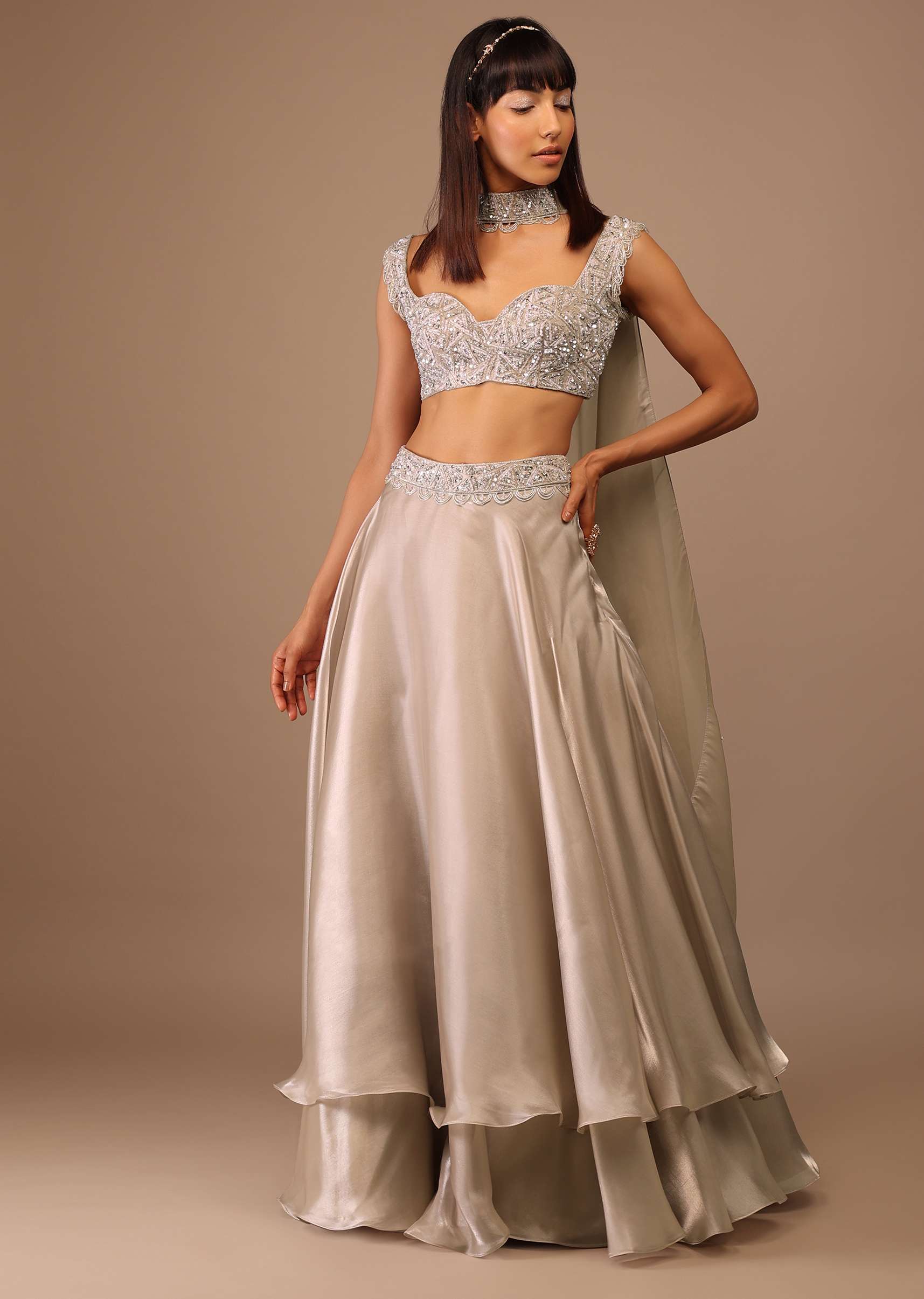Oyster Organza Layered Skirt With Sleeveless Hand Embroidered Crop Top - Image 3