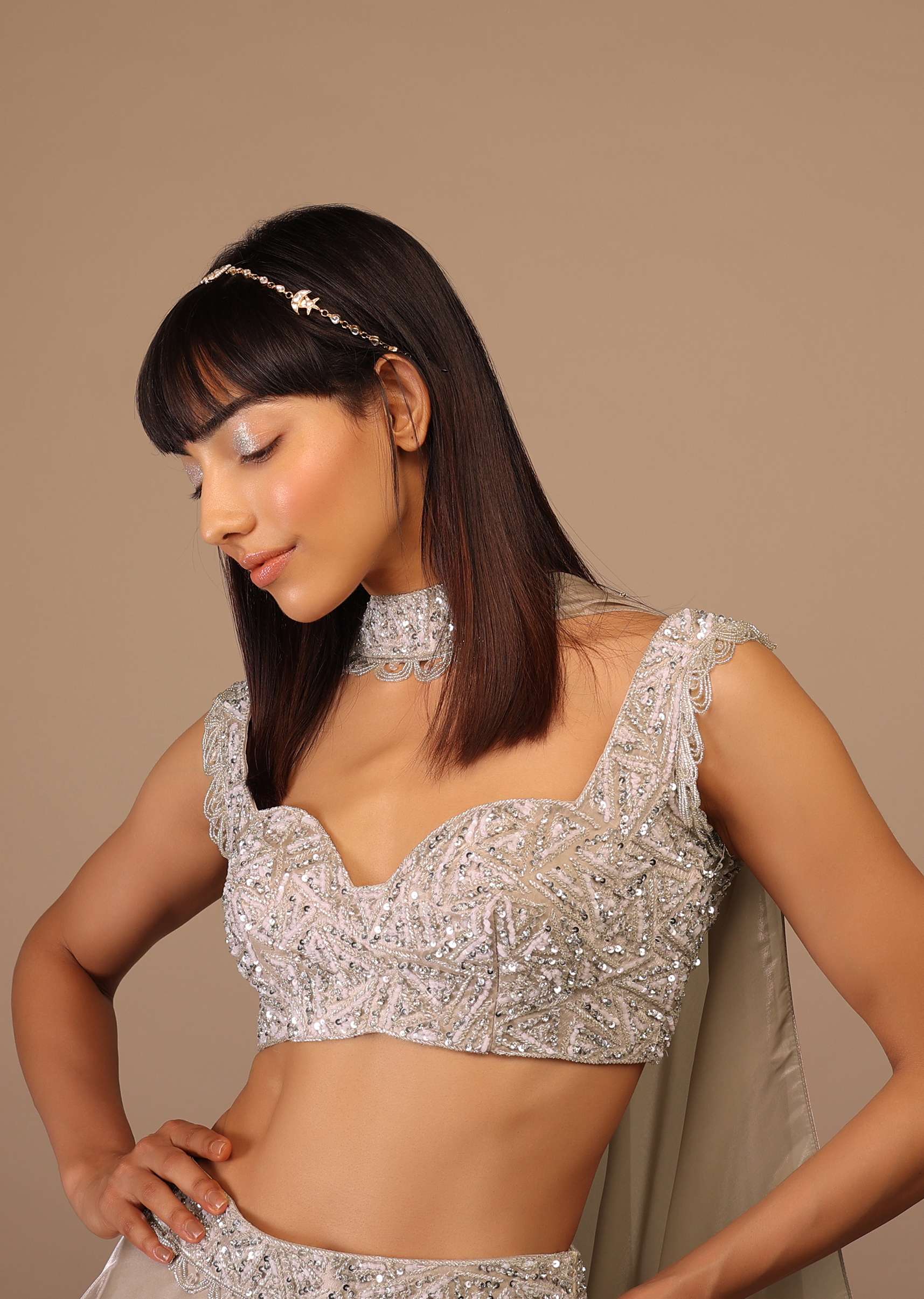 Oyster Organza Layered Skirt With Sleeveless Hand Embroidered Crop Top - Image 4